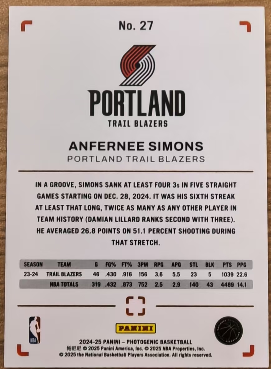 2024-25 Panini PaniniPhotoGenicNBA Anfernee Simons 安芬尼 西蒙斯 开拓者 base 凑套