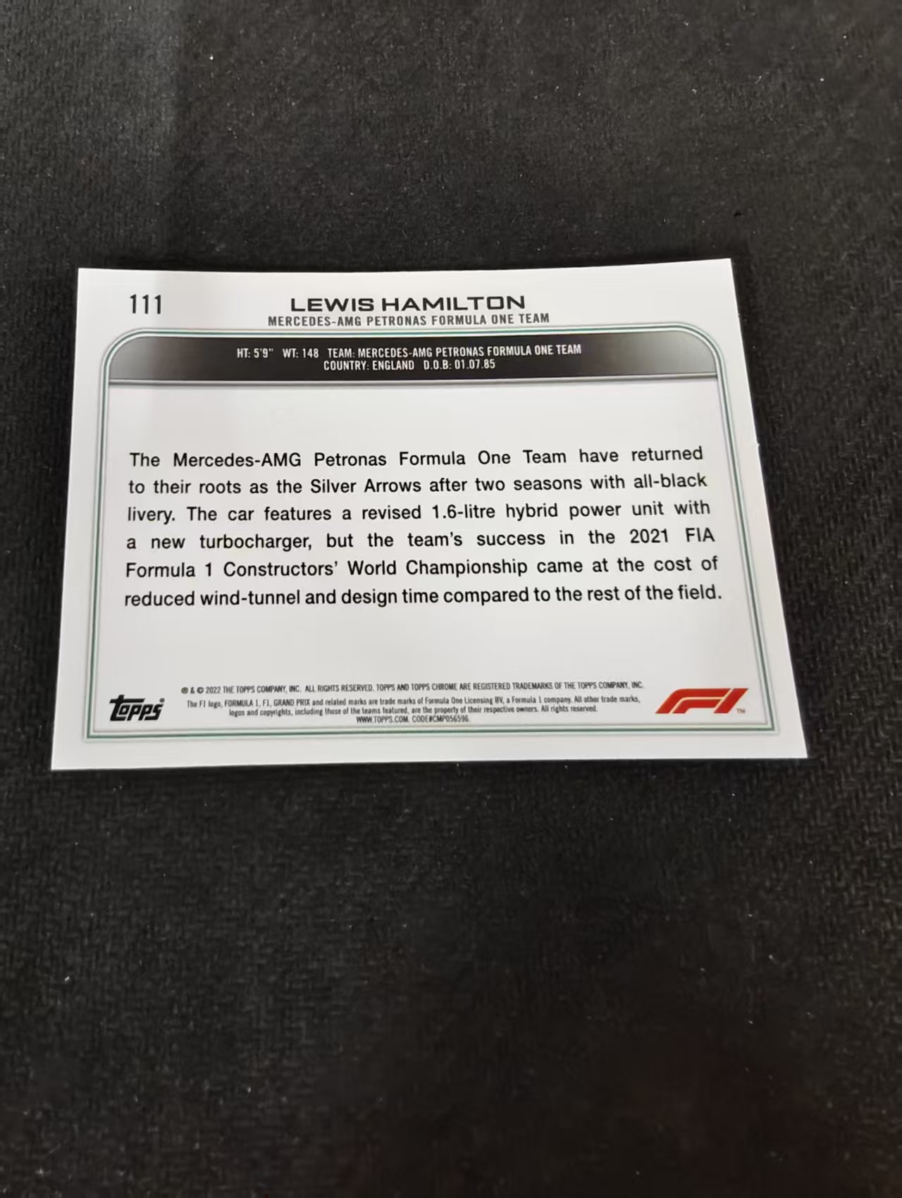 2022 Topps Chrome F1 Lewis Hamilton 刘易斯 汉密尔顿 AMG梅赛德斯奔驰 划痕 边角瑕疵 #111