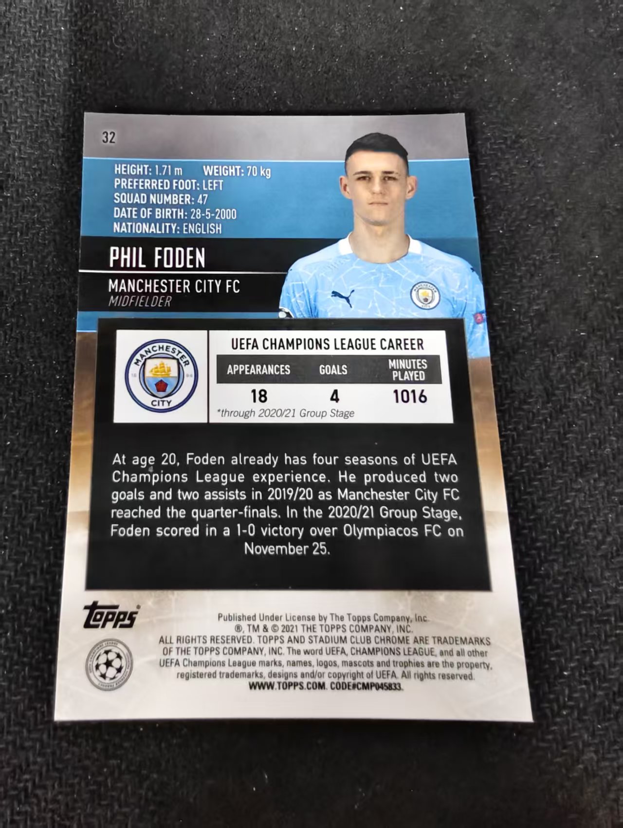 【可合并,不累计】2021 Topps Stadium Club Chrome Phil Foden 菲尔 福登 曼城 欧冠 竞技场 不保卡品 介意勿拍 #32