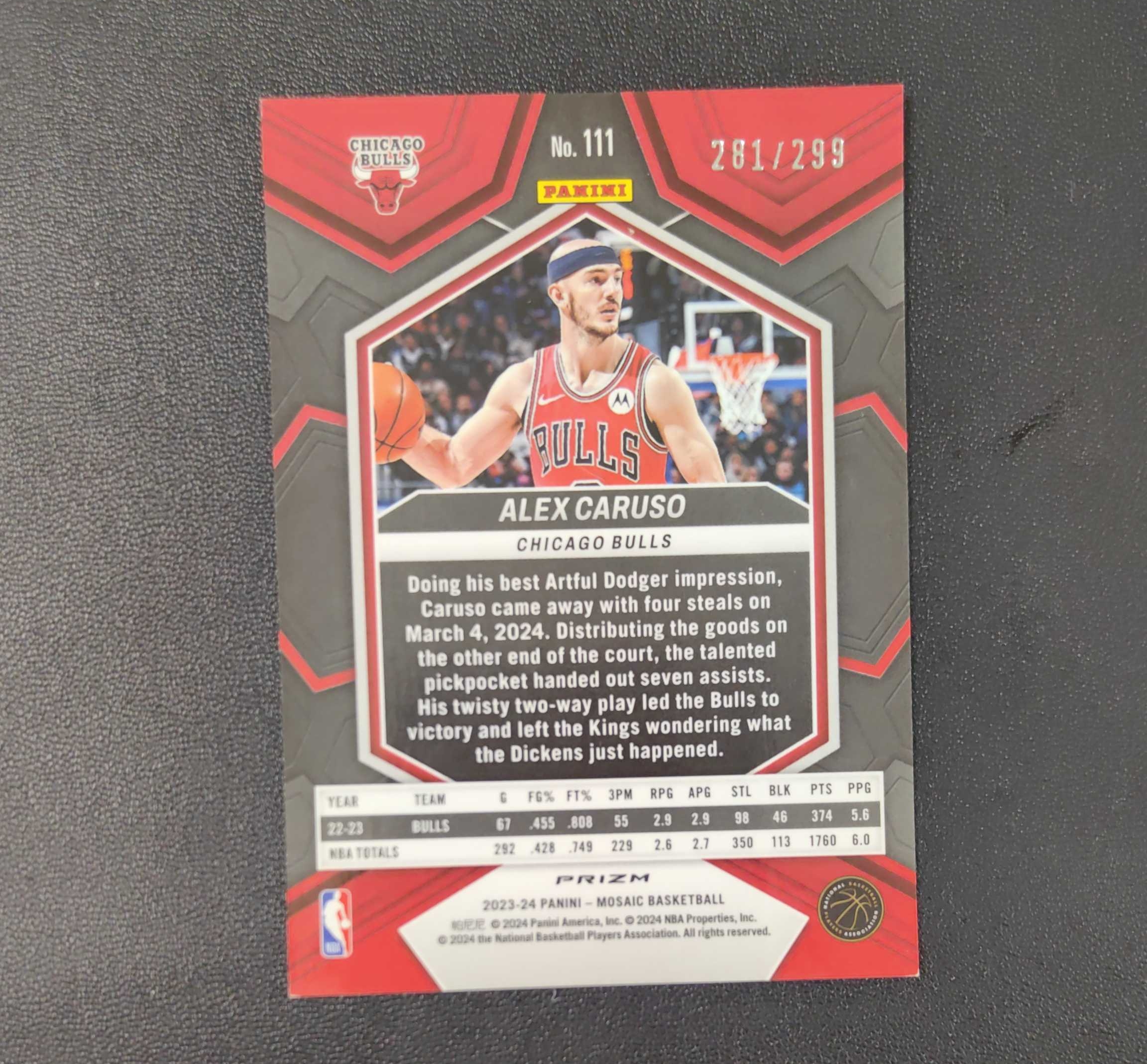 2023-24 Panini Mosaic Alex Caruso 公牛 马赛克 折射 卡鲁索 红地震折 变形虫折 299编 东契奇 sga 库里 文班亚马 詹姆斯 多张再拍