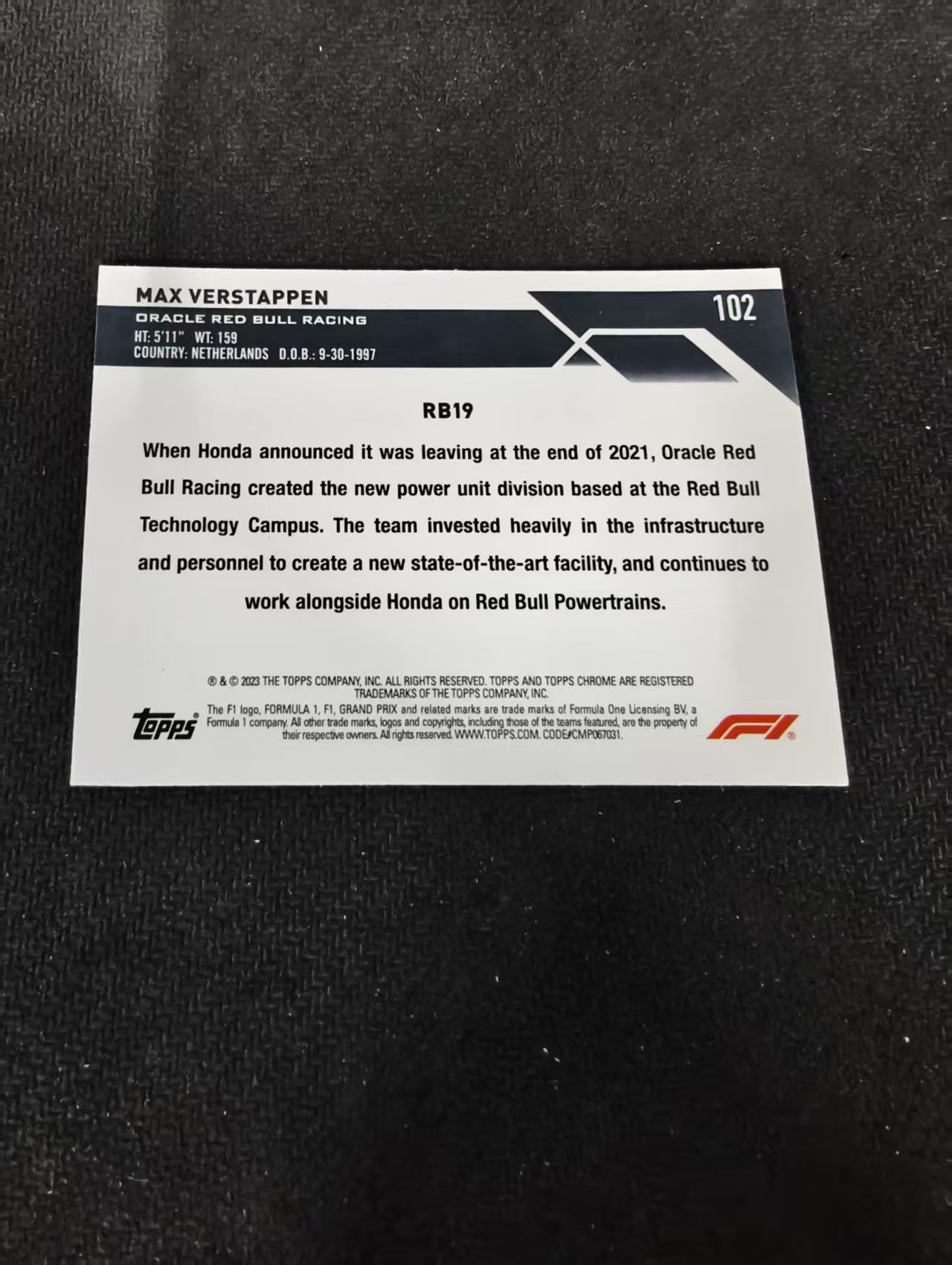 2023 Topps Chrome F1 Max Verstappen 维斯塔潘 红牛 划痕 边角瑕疵 #102