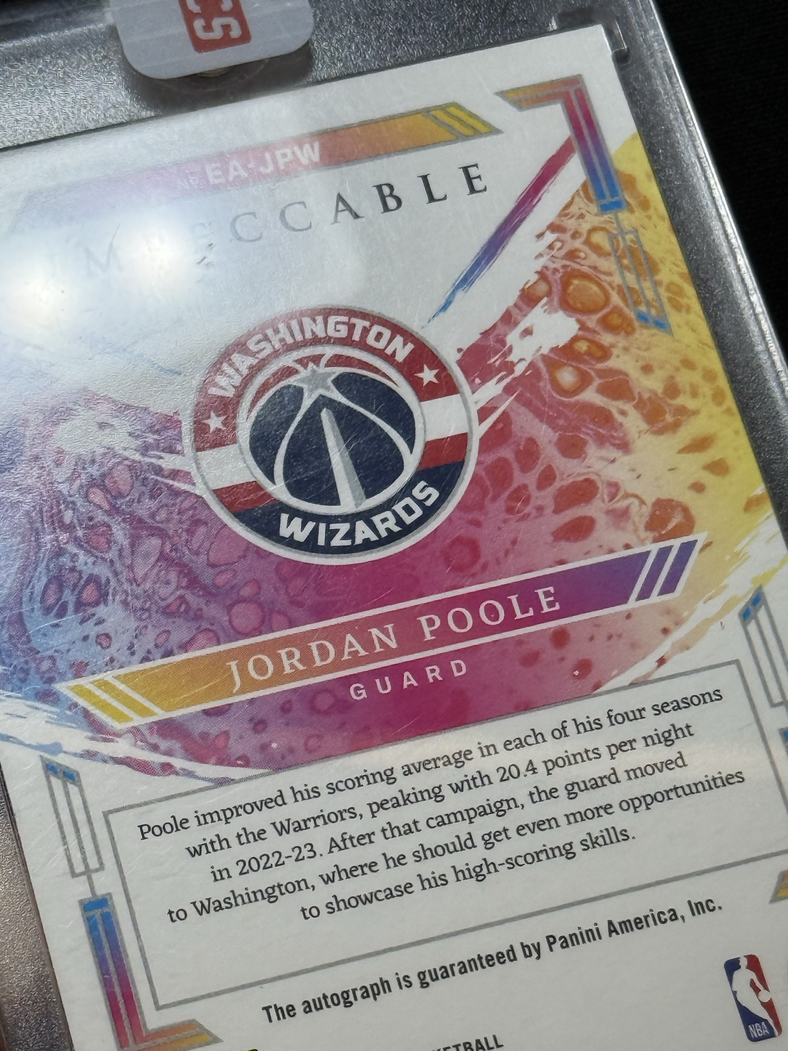 2023-24 Panini Impeccable Jordan Poole 【小贝代拍】小真金 奇才 乔丹 普尔 签字 卡签 银平行 /49编 原封砖 砖微瑕 拍前看描述 H WSH