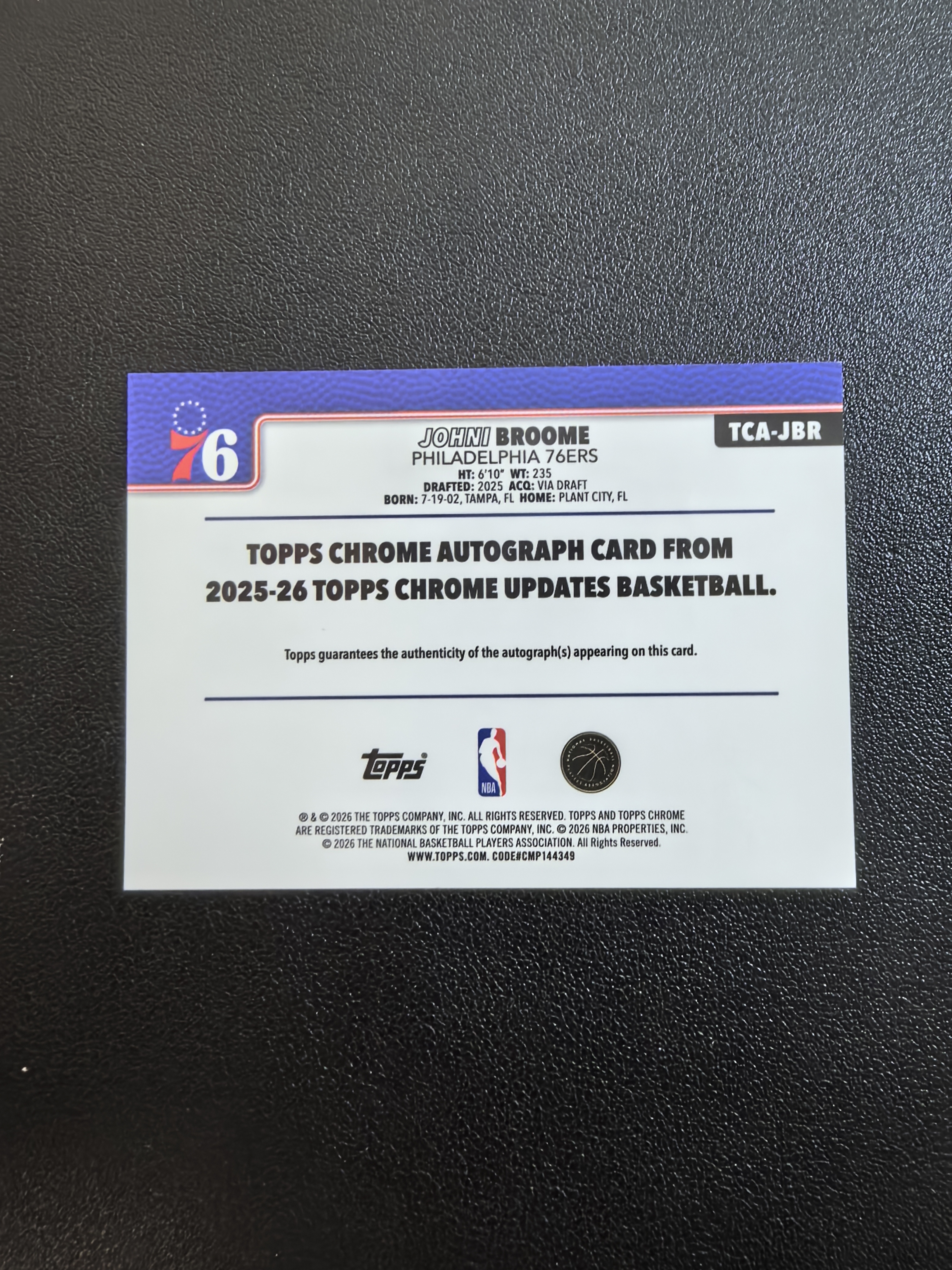 2025-26 Topps Chrome Update Johni Broome RC 76人 约翰尼布鲁姆 新秀RC 签字 贴签 实卡精美 卡品如图 七哥