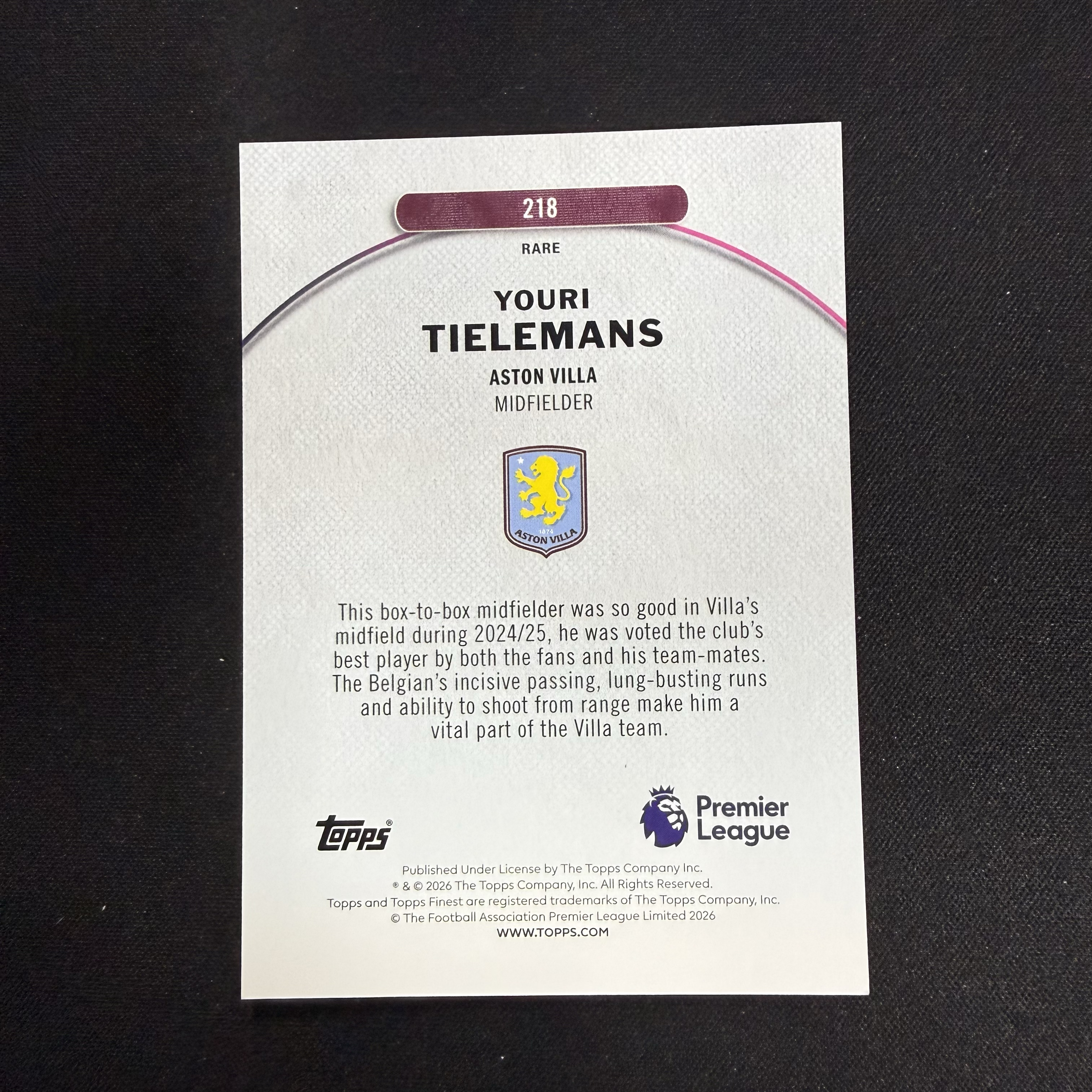 2025-26 Topps Finest Youri Tielemans 【SC拍卖】英超 蒂莱曼斯 阿斯顿维拉 4/20编 金折 三级 收藏必备(小骆)