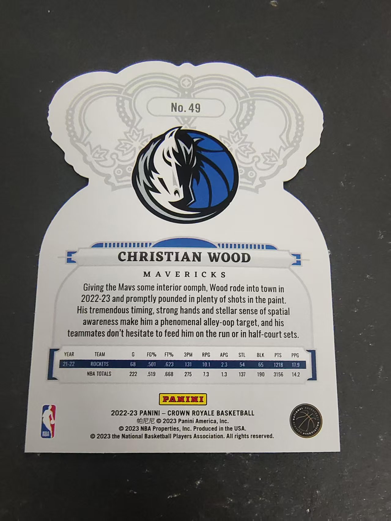 【可合并,不累计】2022-23 Panini Crown Royale Christian Wood 克里斯蒂安伍德 独行侠 皇冠 异形base #49 角瑕疵