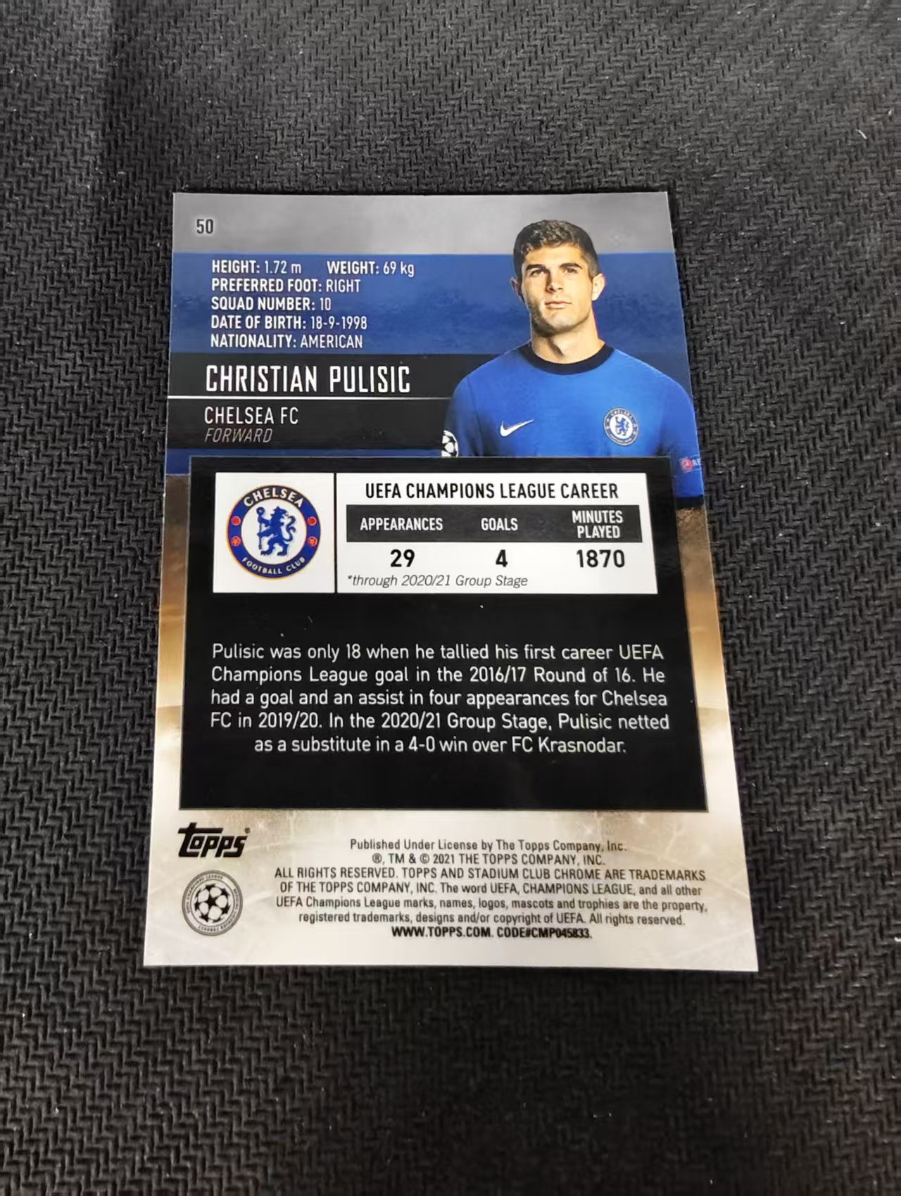 【可合并,不累计】2021 Topps Stadium Club Chrome Christian Pulisic AC米兰 普利希奇 竞技场 欧冠 划痕 边角瑕疵 #50