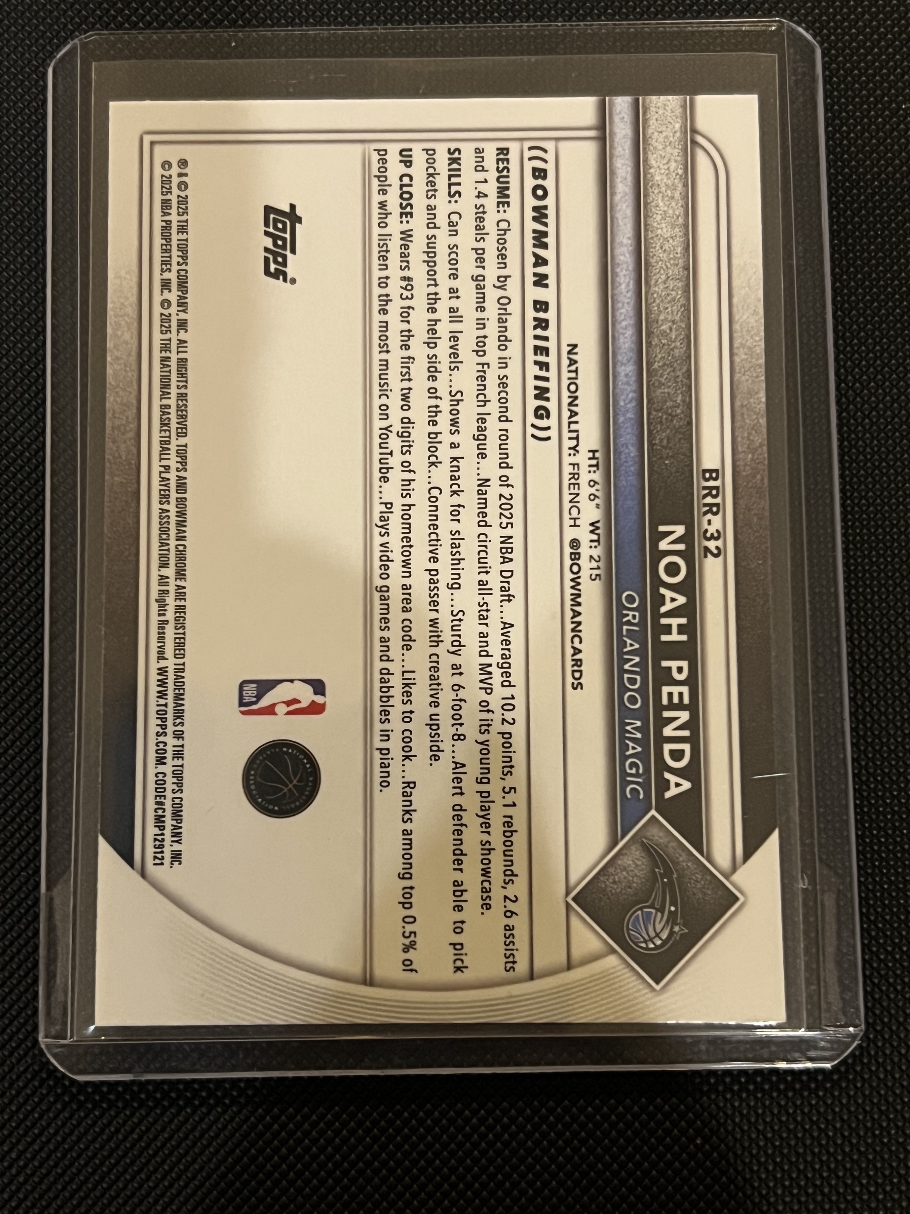 2025 Topps Bowman Noah Penda RC #BRR-32 魔术队 诺阿·彭达 红RC 比例平行 新秀卡!!潜力新秀,未来可期!!凑套必备!!