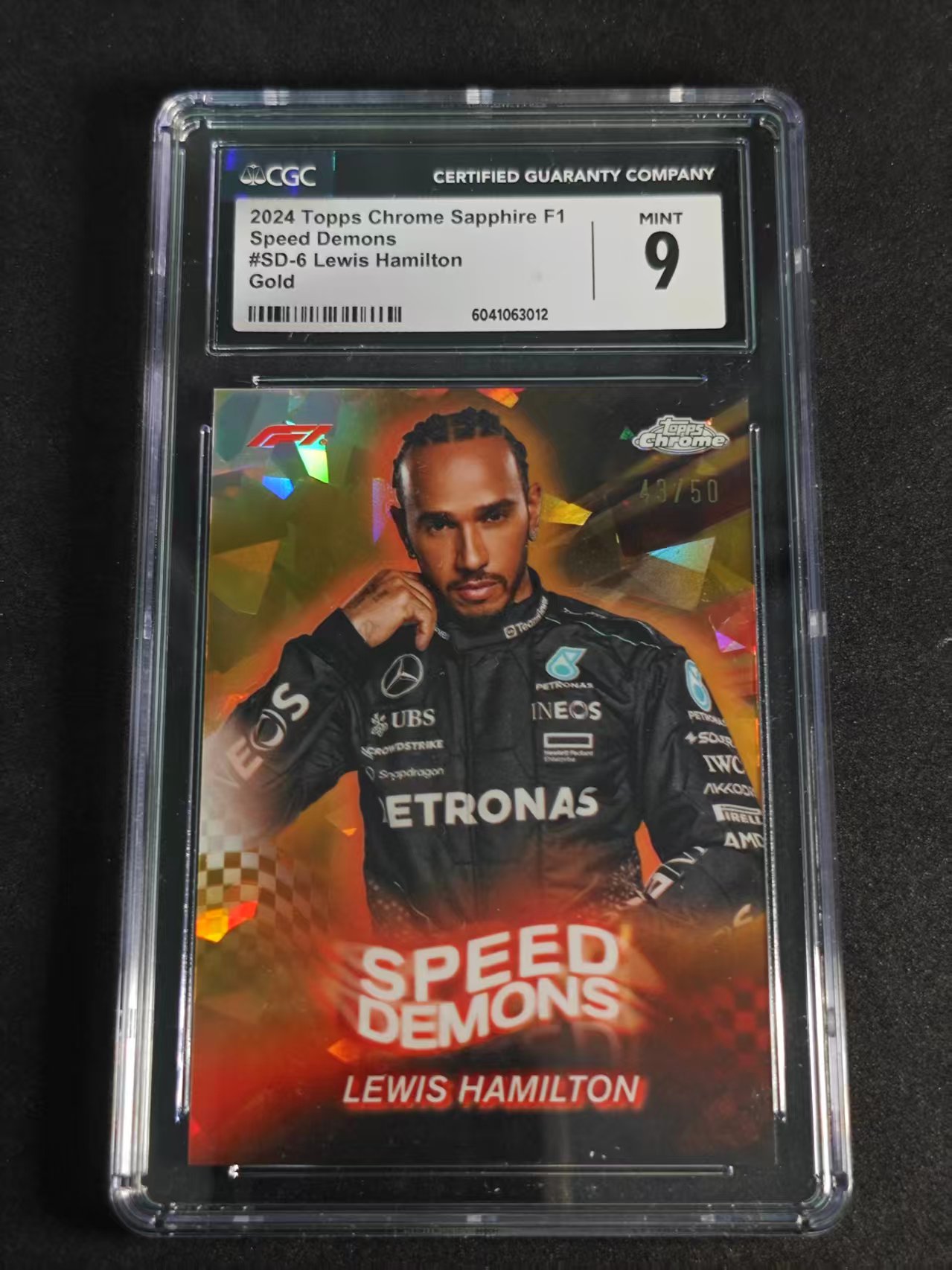 2024 Topps Chrome Lewis Hamilton F1 汉密尔顿 梅赛德斯AMG 蓝宝石 金碎冰 速度恶魔特卡 43/50编 CGC9