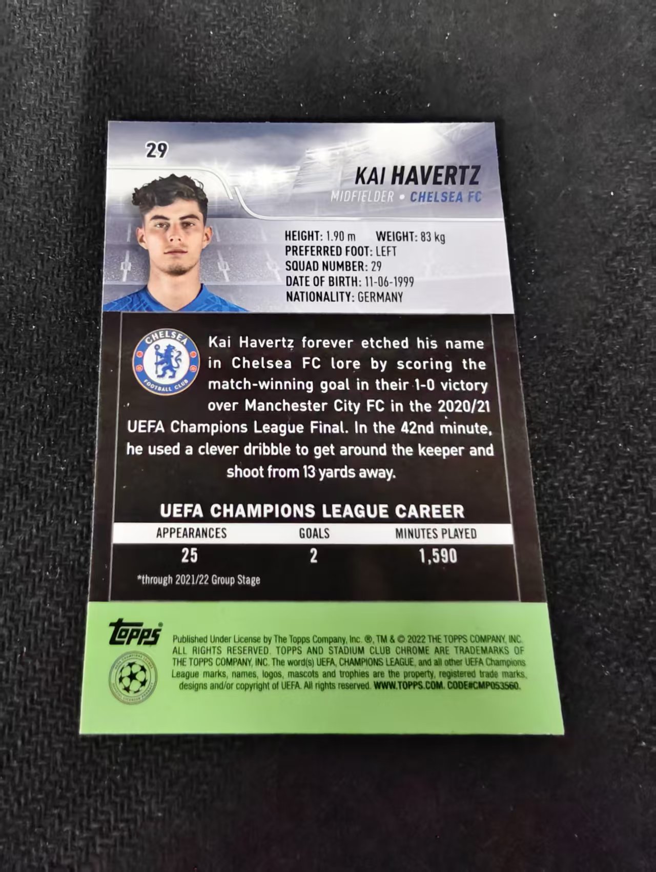 【可合并,不累计】2022 Topps Stadium Club Chrome KAI HAVERTZ 凯 哈弗茨 切尔西 德国 竞技场 欧冠 划痕 边角瑕疵 #29
