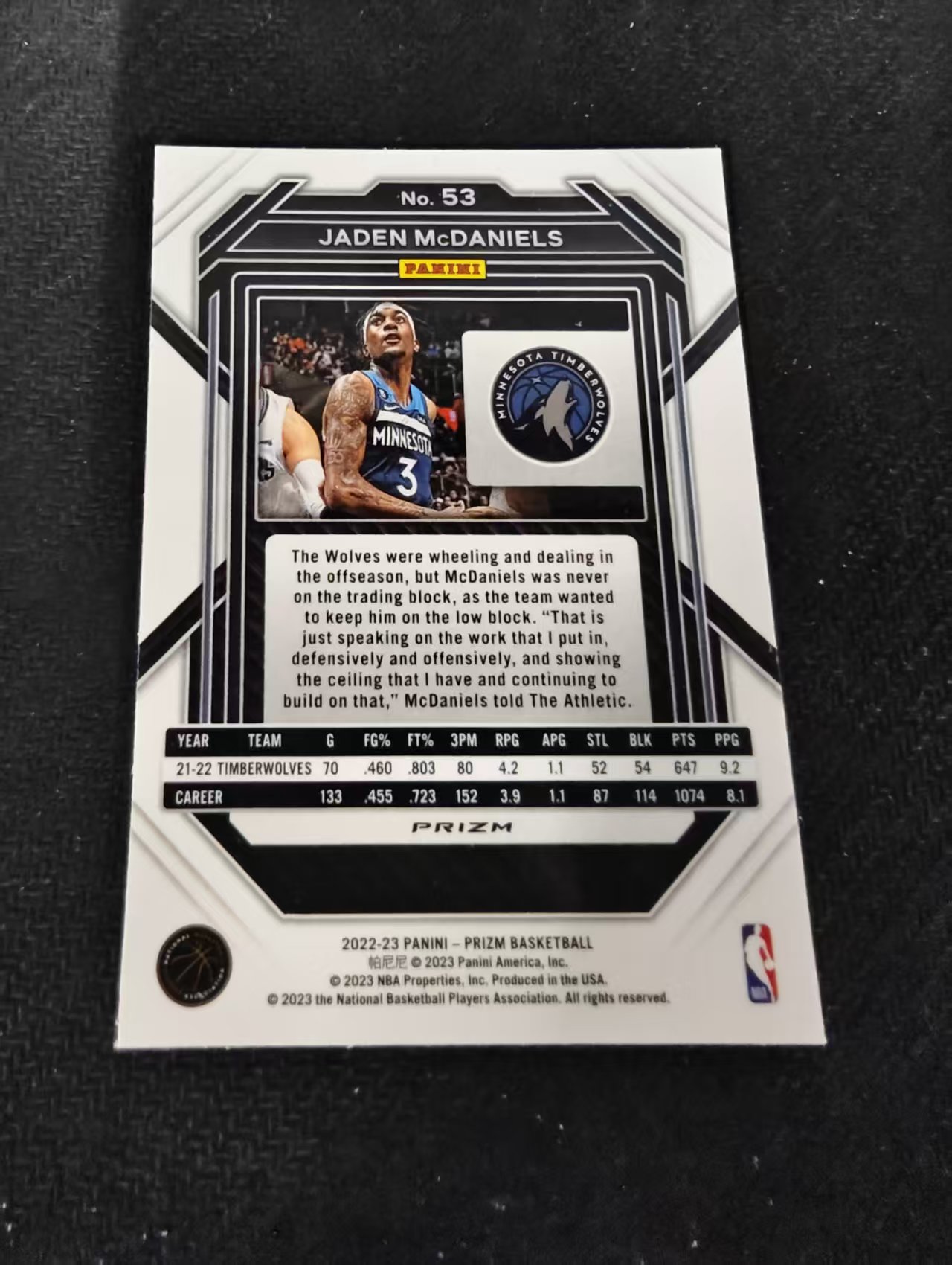 2022-23 Panini Prizm Jaden McDaniels 森林狼 杰登麦克丹尼尔斯 银折 PZ 划痕 边角瑕疵 #52