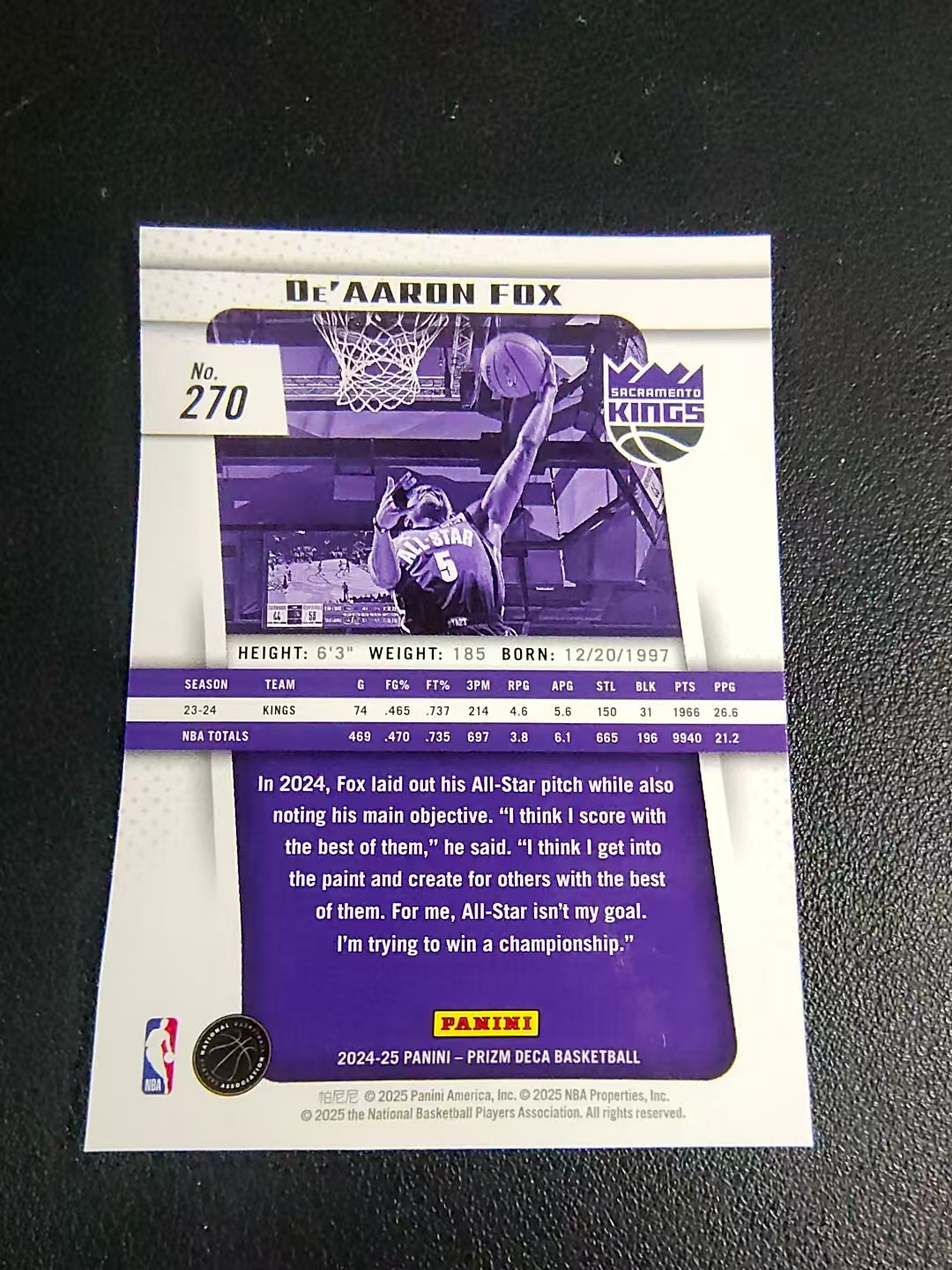 【可合并,不累计】2024-25 Panini Prizm De'Aaron Fox PZ DECA 马刺 国王 小狐狸 达龙 福克斯 复刻 划痕 边角瑕疵 #270