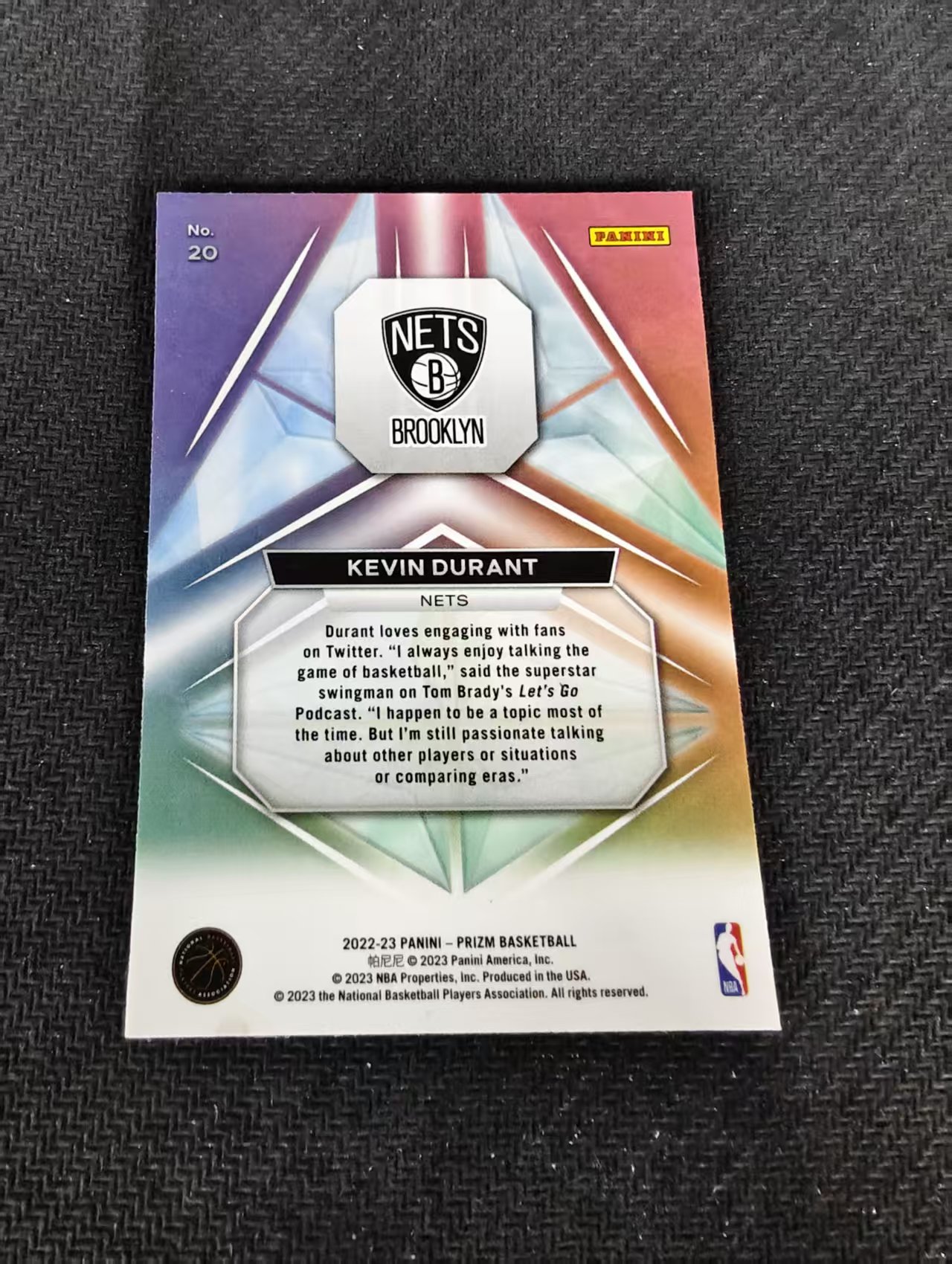 【可合并,不累计】2022-23 Panini Prizm Kevin Durant 篮网 死神 凯文 杜兰特 棱镜特卡 PZ 不保卡品 介意勿拍 #20