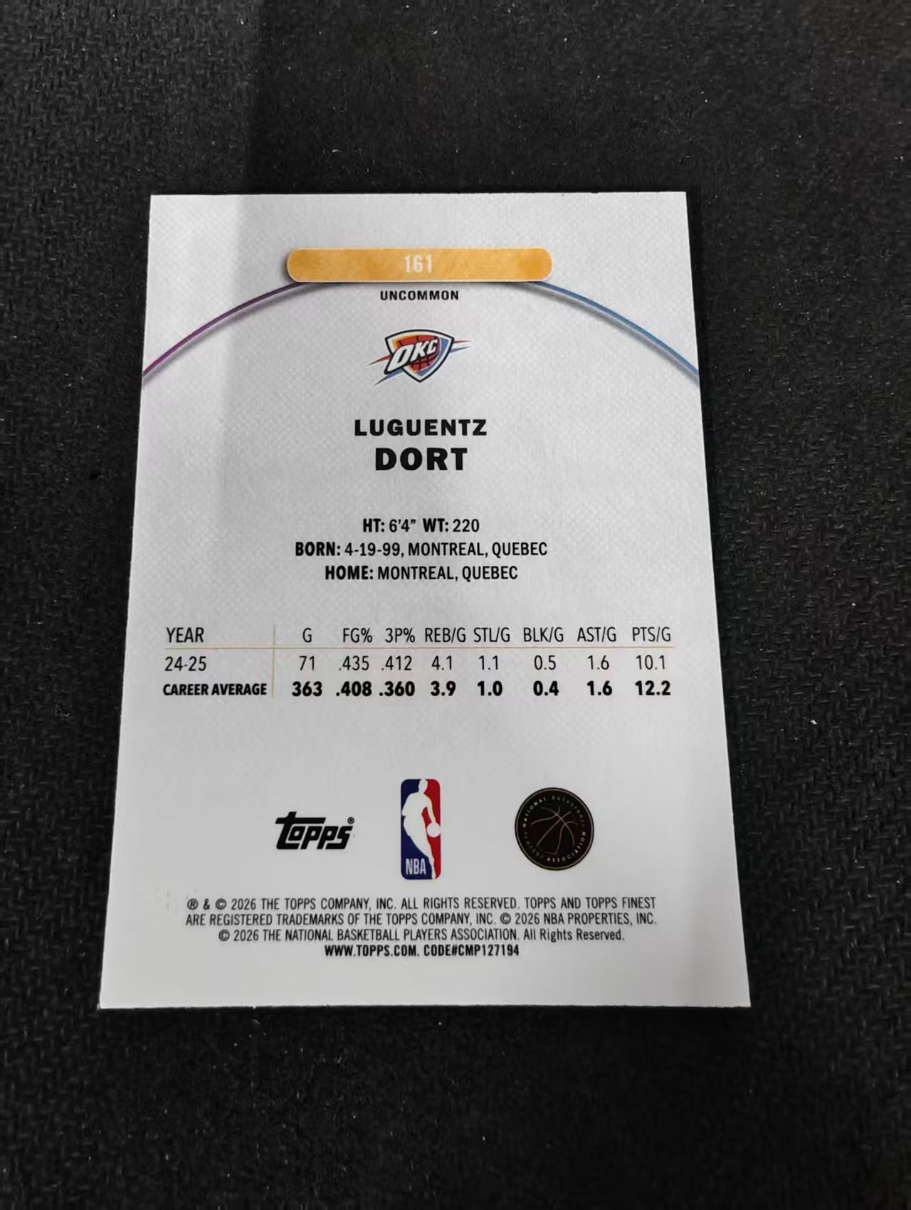2026 Topps finest Luguentz Dort 吕冈茨 多尔特 雷霆 200编 紫折 二级 瑕疵如图