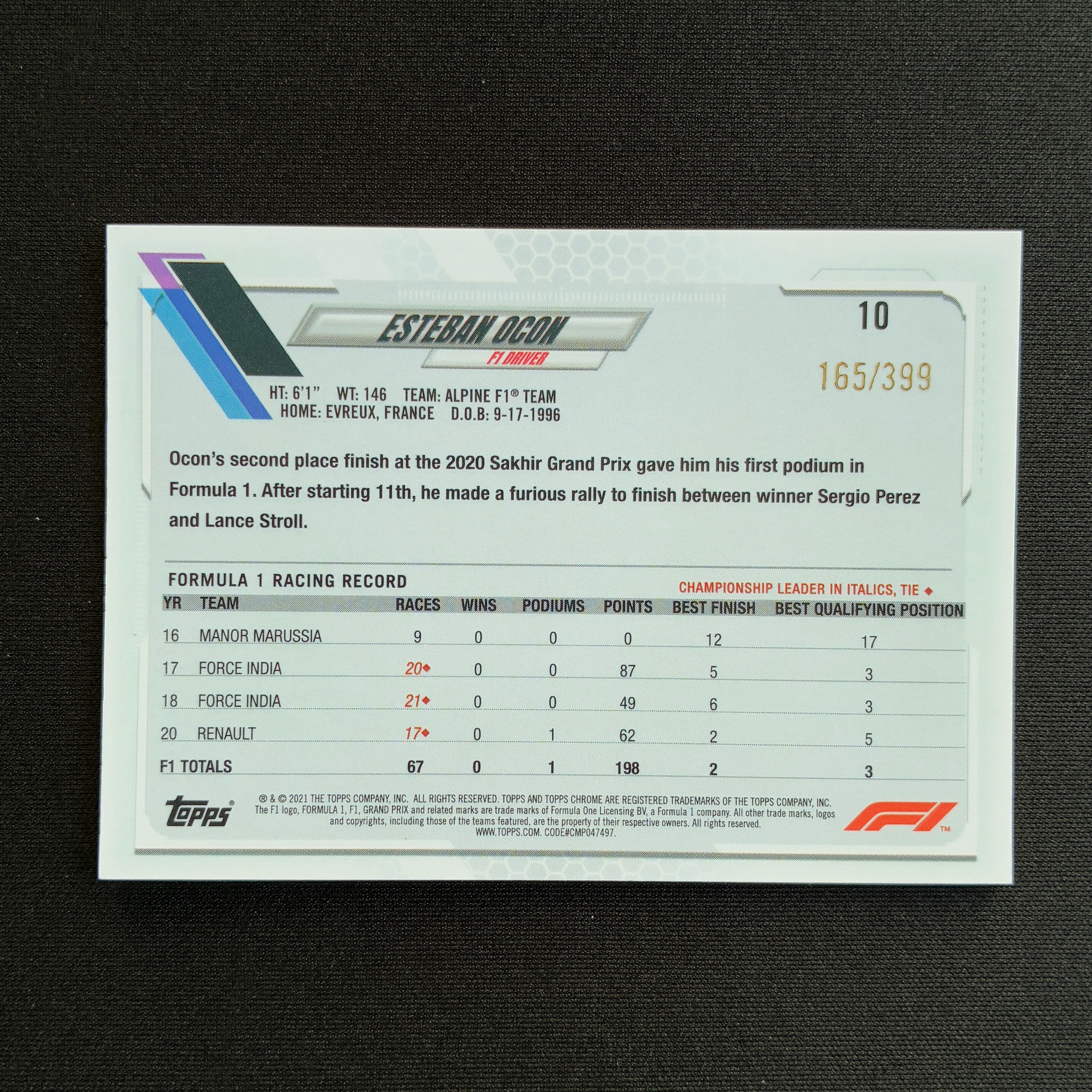 【杰基拍卖】2021 Topps Chrome Esteban Ocon F1 埃斯特班 奥康 紫折 折射 399编(Pink总)
