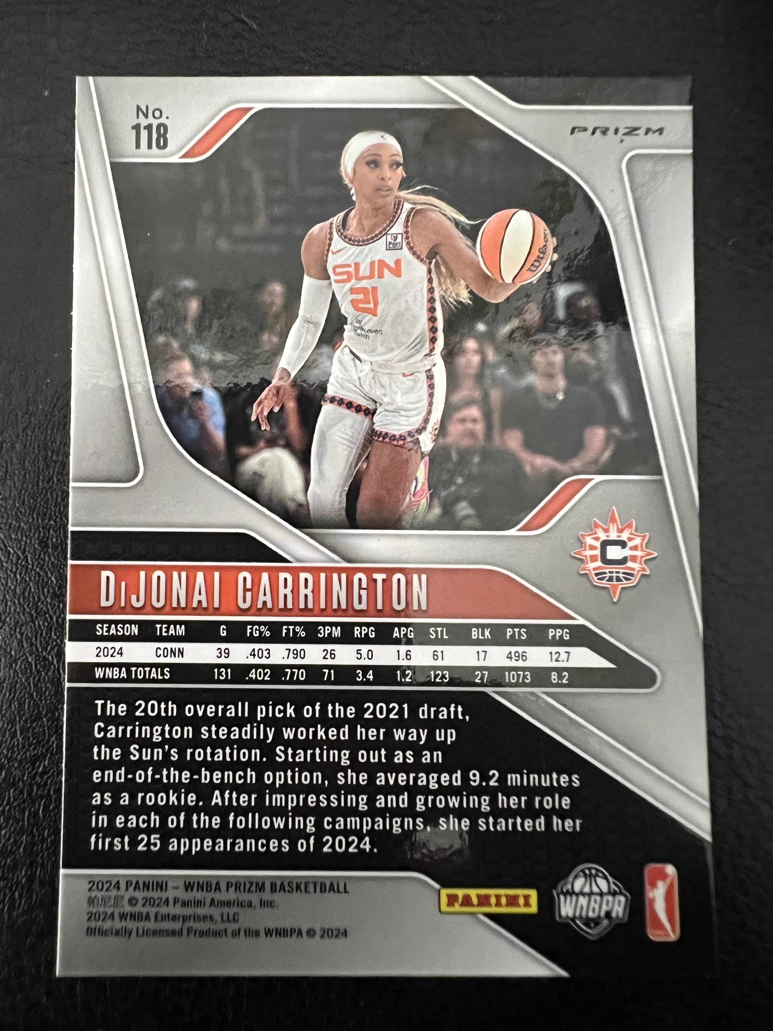 2024 Panini WNBA Prizm DiJonai Carrington 女篮 康涅狄格太阳 迪乔娜 卡林顿 折射 BASE 完美收藏 卡品如图