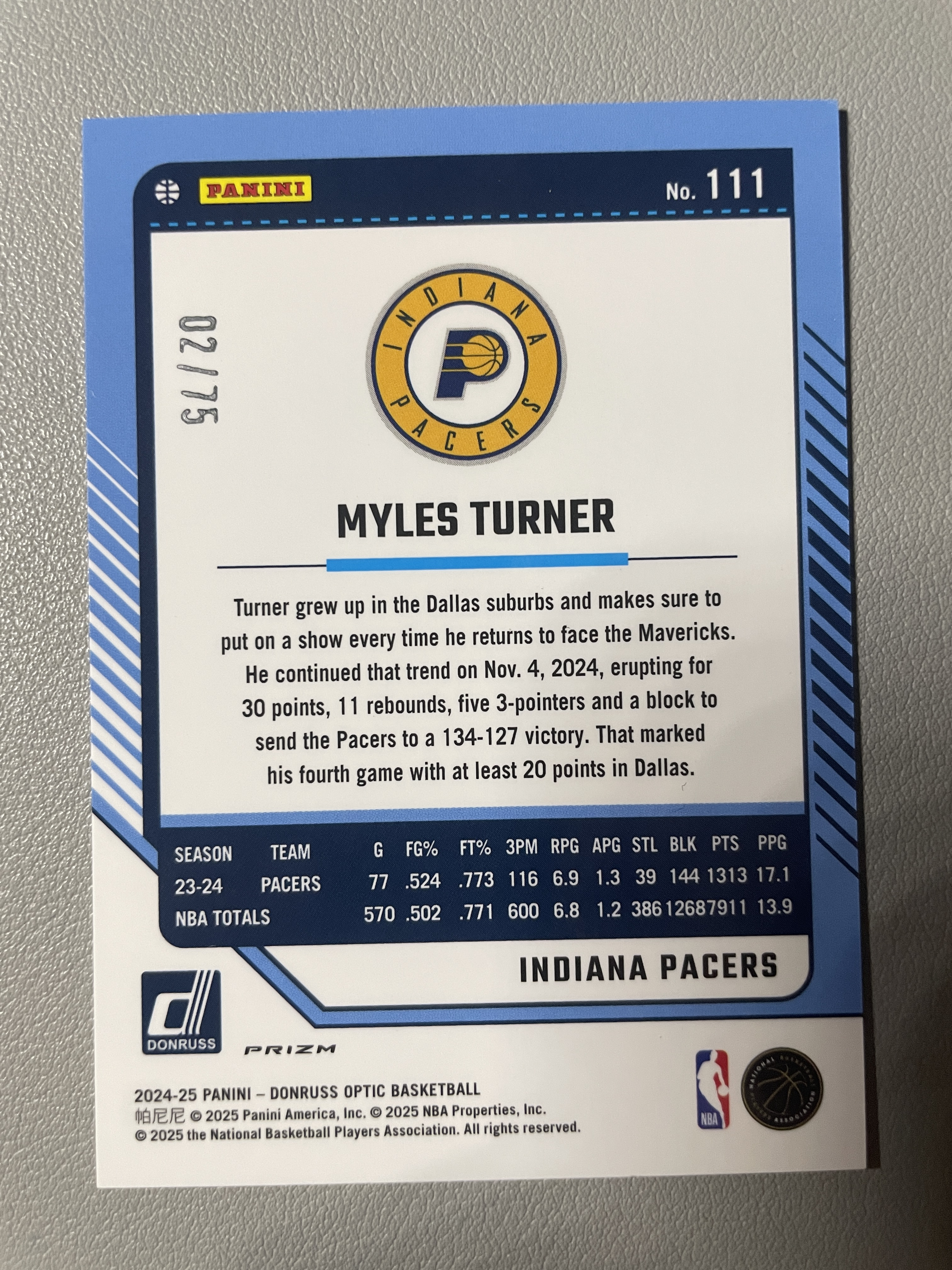 2024-25 Panini Donruss Myles Turner 杜蕾斯 迈尔斯 特纳 黑金爆炸折 75编 卡品微瑕如图 p1109