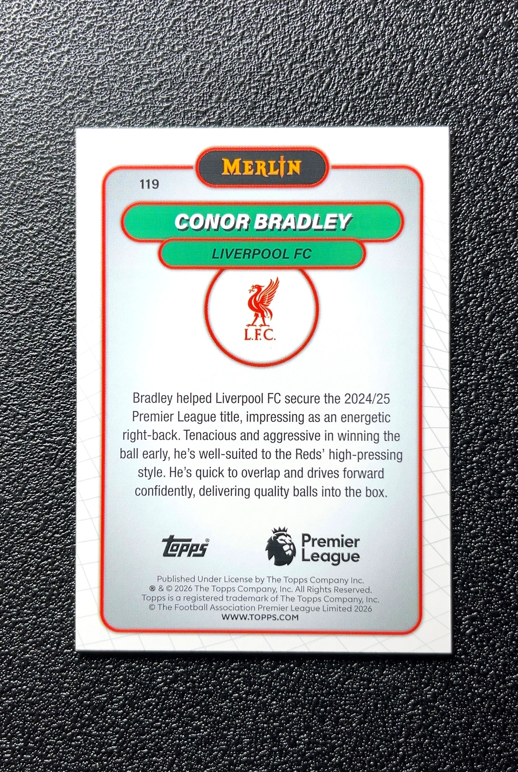 【小白1%代卖】2026 Topps Merlin Conor Bradley 康纳·布拉德利 银变形虫折 折射 卡品如图 高价值 #119 Liverpool FC 利物浦足球俱乐部 0712