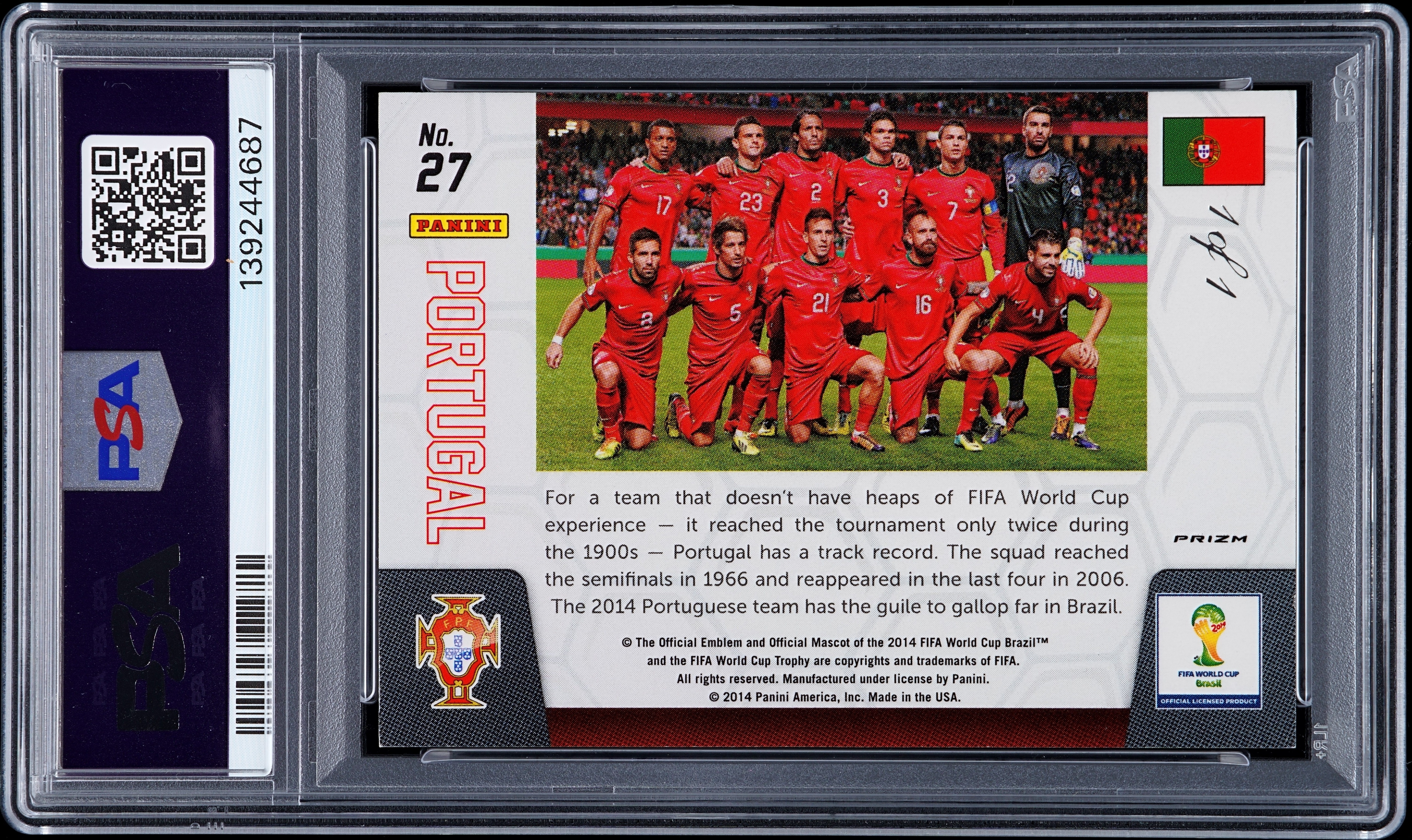 天秤座精品⁂2014 Panini Prizm World Cup 元年世界杯PZ 葡萄牙 Portugal 全队集体照 1/1编 1of1 正黑折 C罗 罗纳尔多 Cristiano Ronaldo 纳尼佩佩等 PSA9分 终极珍藏※倒哥
