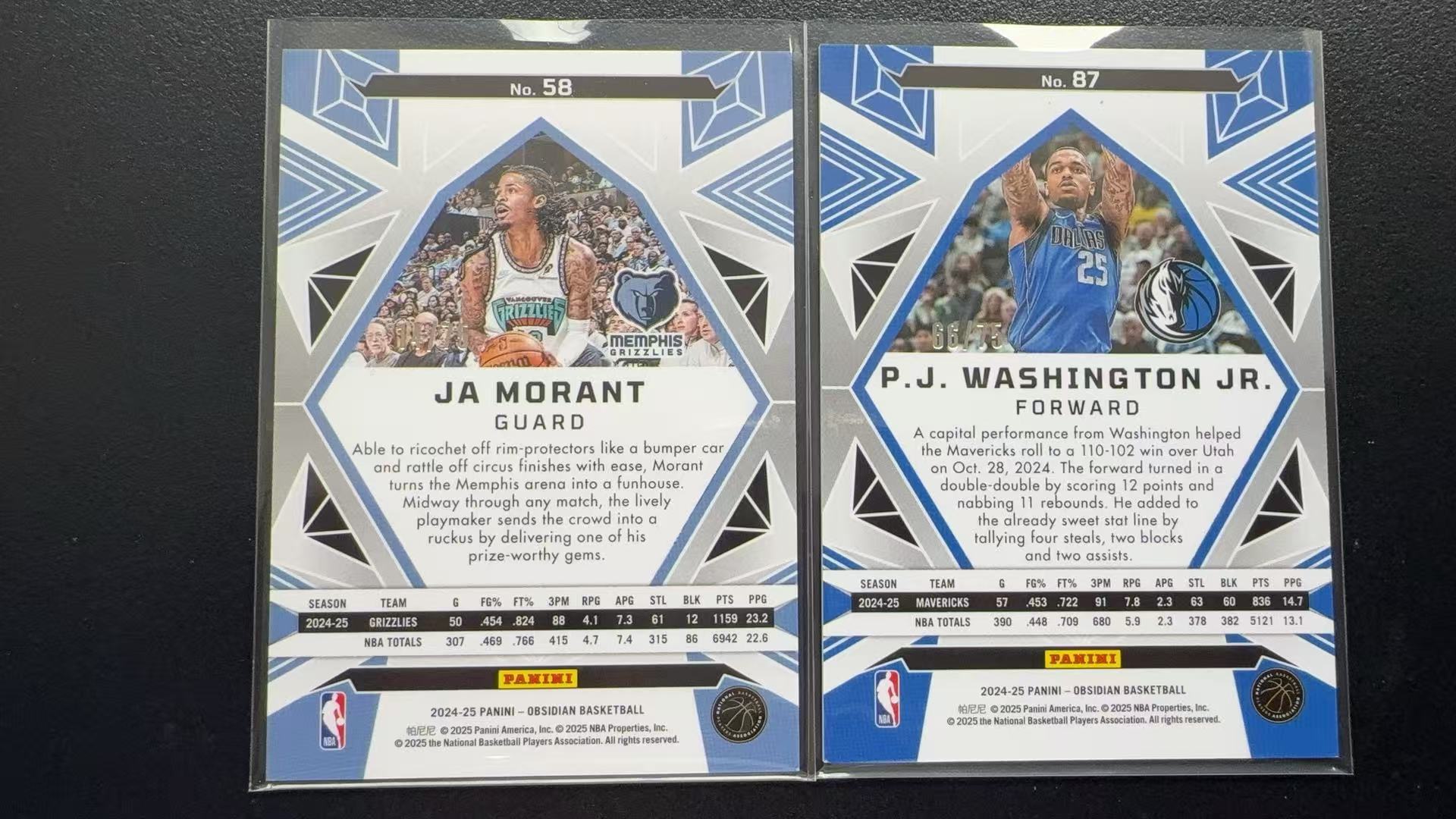 【Pw代卖】2024-25Panini 篮球黑曜石 贾 莫兰特 灰熊 PJ华盛顿 独行侠 紫折 75编 base打包lot 不保卡品 实卡精美 收藏必备 萝卜哥