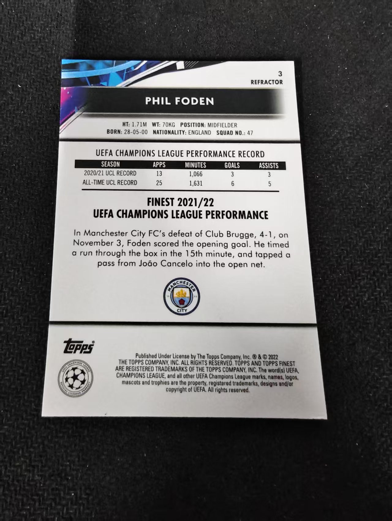 【可合并,不累计】2022 Topps Finest Phil Foden 菲尔 福登 英格兰 曼城 曼彻斯特城 太子 欧冠 银折 划痕 边角瑕疵 #3