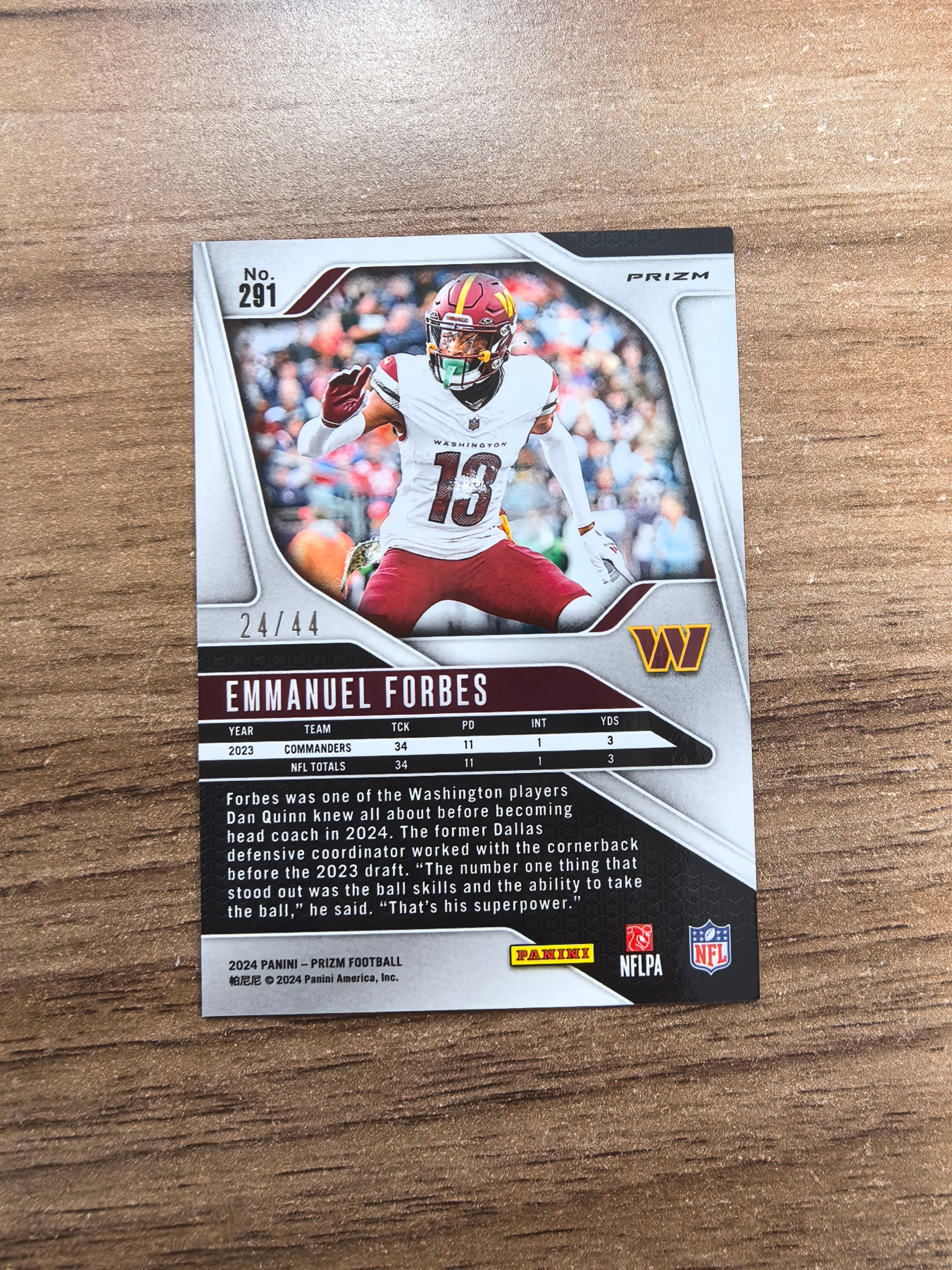 2024 Panini Prizm Emmanuel Forbes PZ 橄榄球 华盛顿指挥官队 伊曼纽尔福布斯 20/44编 红金折 折射 实卡精美 卡品如图 收藏必入 流浪