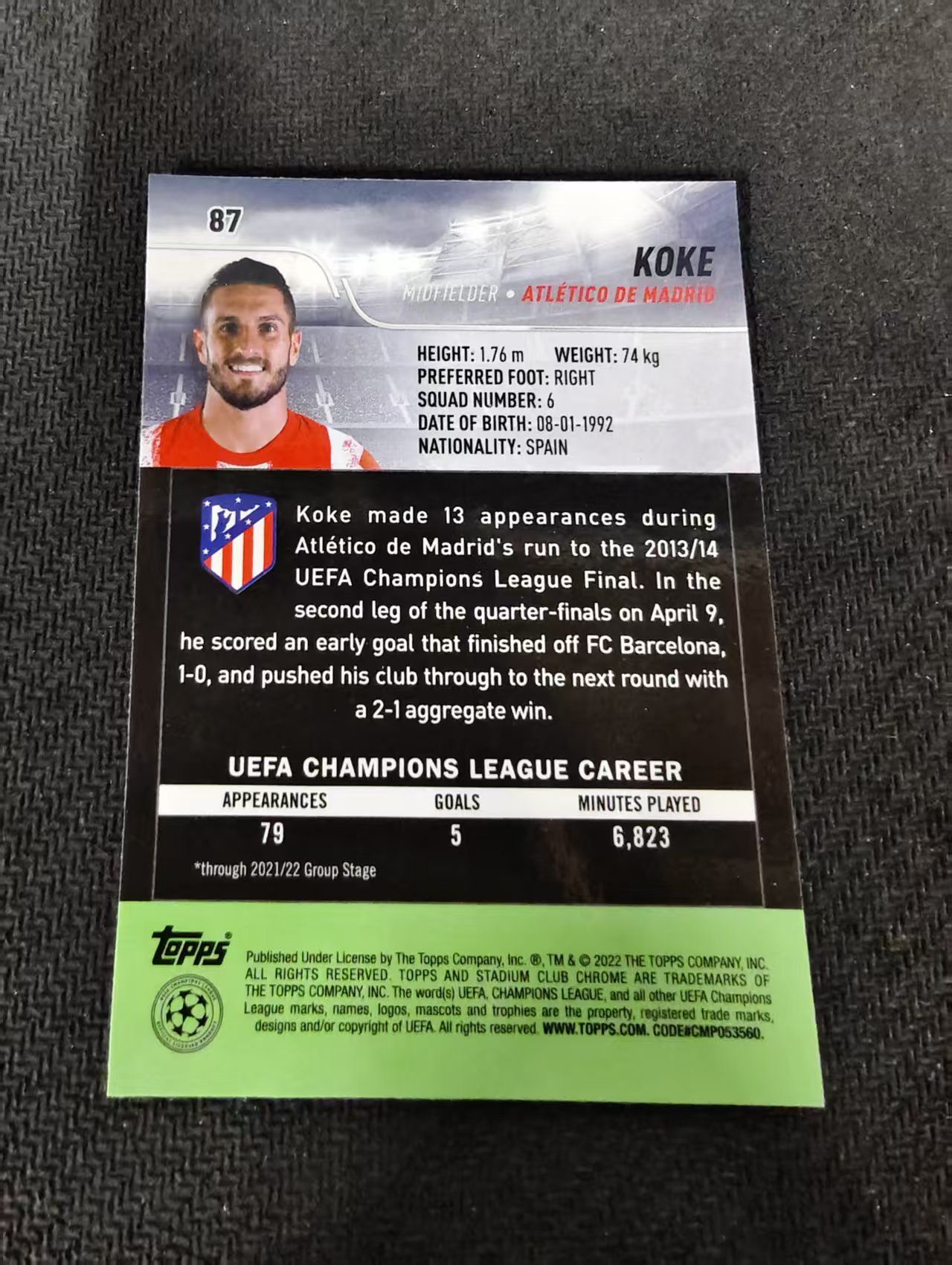 【可合并,不累计】2022 Topps Stadium Club Chrome Koke 科克 马德里竞技 欧冠 竞技场 不保卡品 介意勿拍 #87