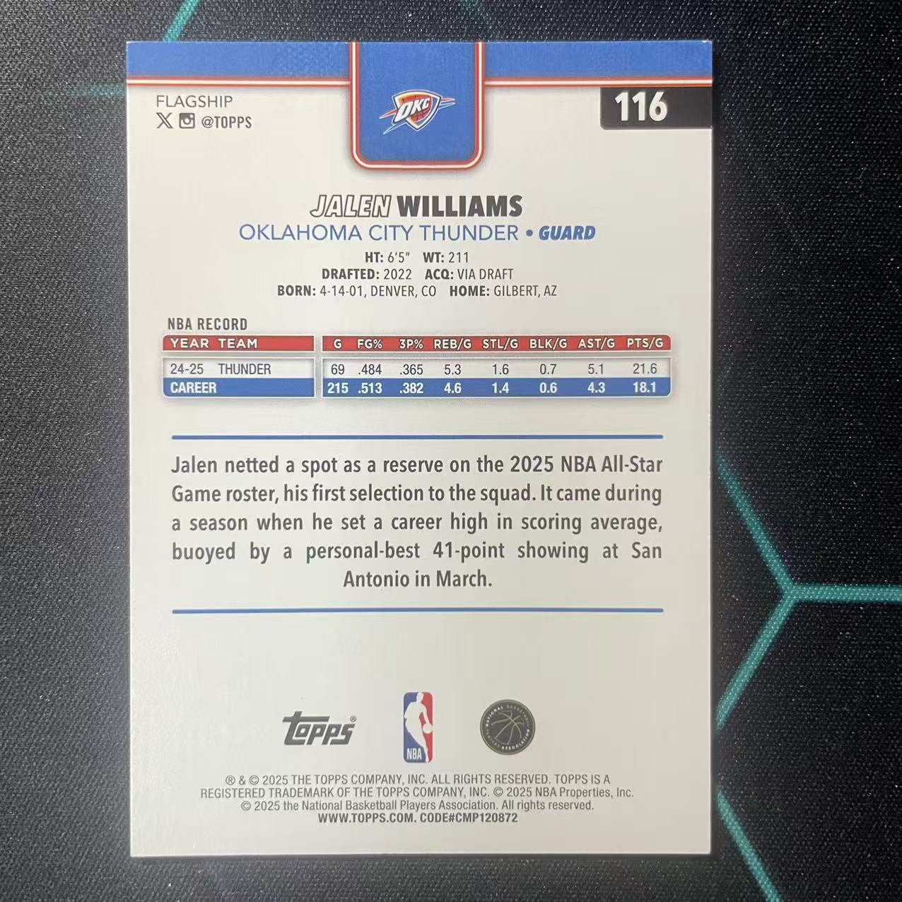 2025 Topps Flagship Jalen Williams 【阿福代卖】 杰伦 威廉姆斯 雷霆 黑平行 68编 收藏必备(行行行)