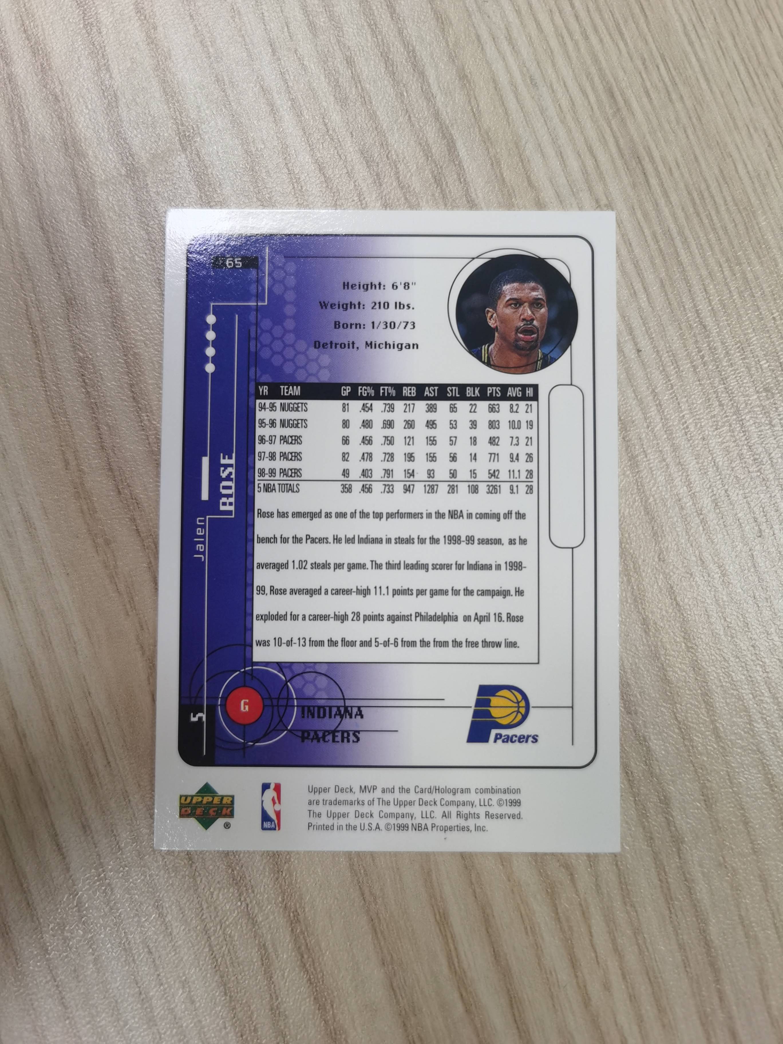 1999-00 Upper Deck MVP Jalen Rose 1999-00 杰伦-罗斯 UD mvp 银标 #65 密歇根五虎之一 00年最快进步球员 步行者 硬通货 极具收藏价值