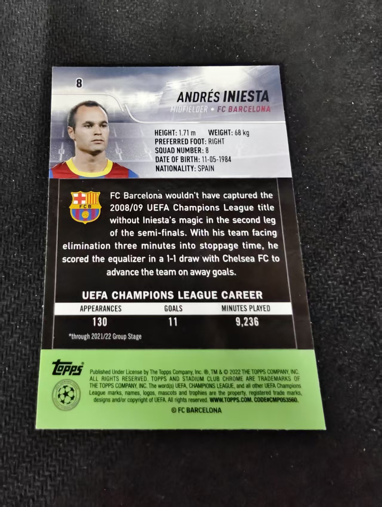 【可合并,不累计】2022 Topps Stadium Club Chrome Andres Iniesta 伊涅斯塔 巴塞罗那 欧冠 竞技场 划痕 边角瑕疵 #8