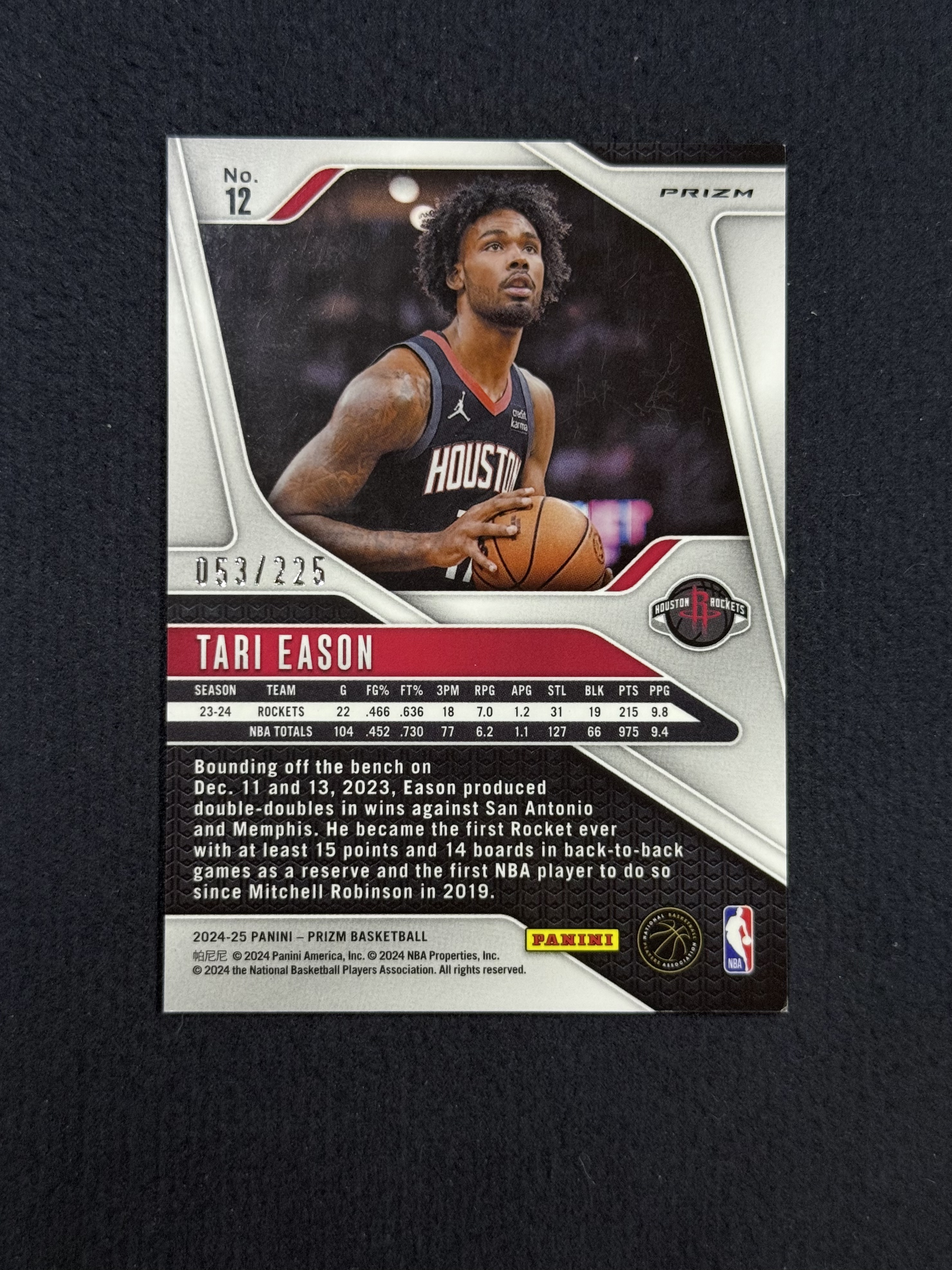 2024-25 Panini Prizm Tari Eason 【未定义潮】塔里 伊森 PZ 红折 折射 火箭 /225编 收藏必备 卡品如图