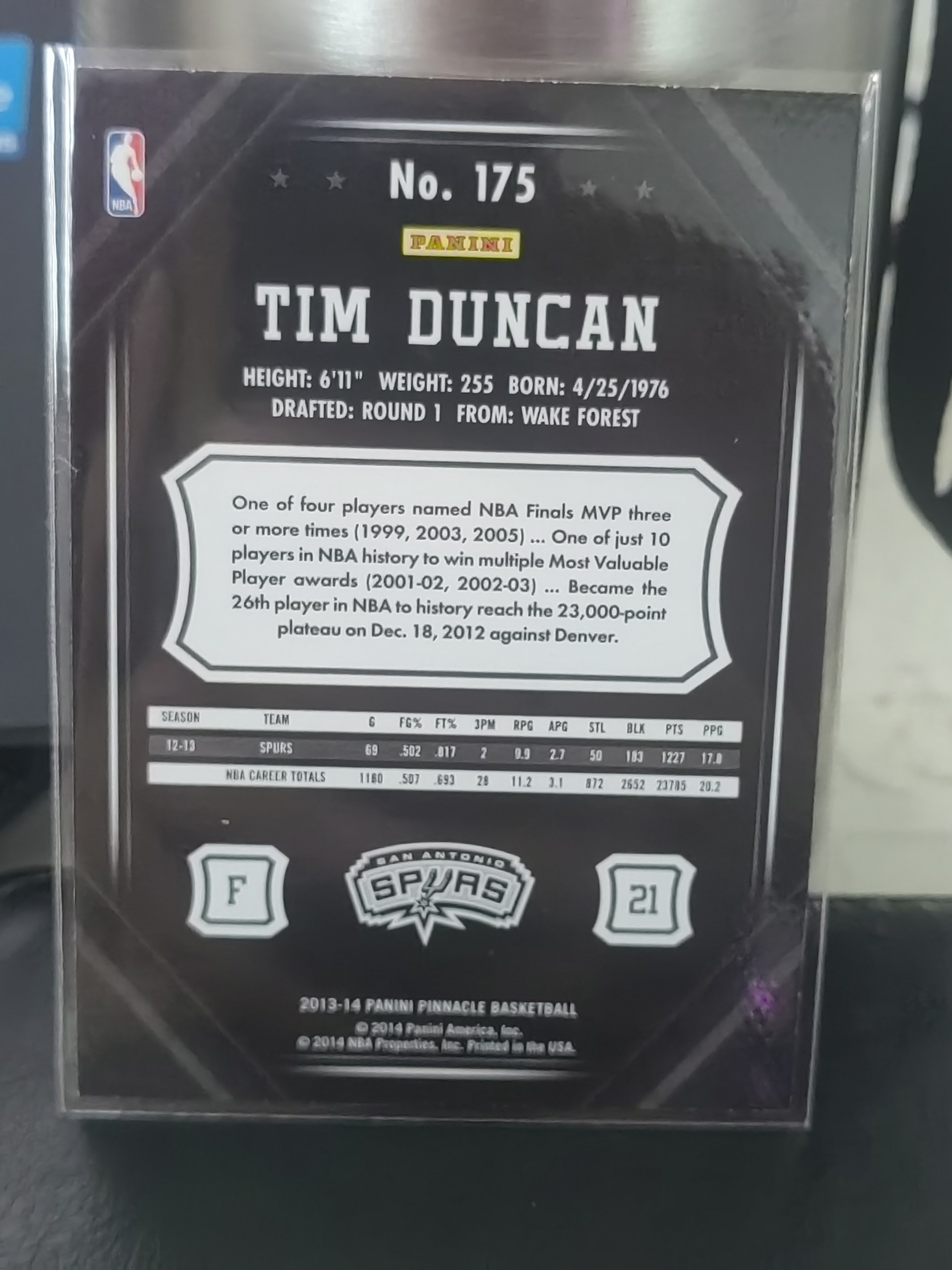 2013-14 Panini Pinnacle Tim Duncan 巅峰 蒂姆 邓肯 马刺 篮 白边白角 不保卡品 卡品如图