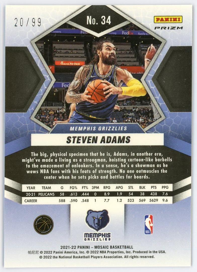 2021-22 Panini Mosaic Steven Adams 史蒂文亚当斯 马赛克 99编 蓝折 折射 灰熊 海王 卡品如图 0MJ9