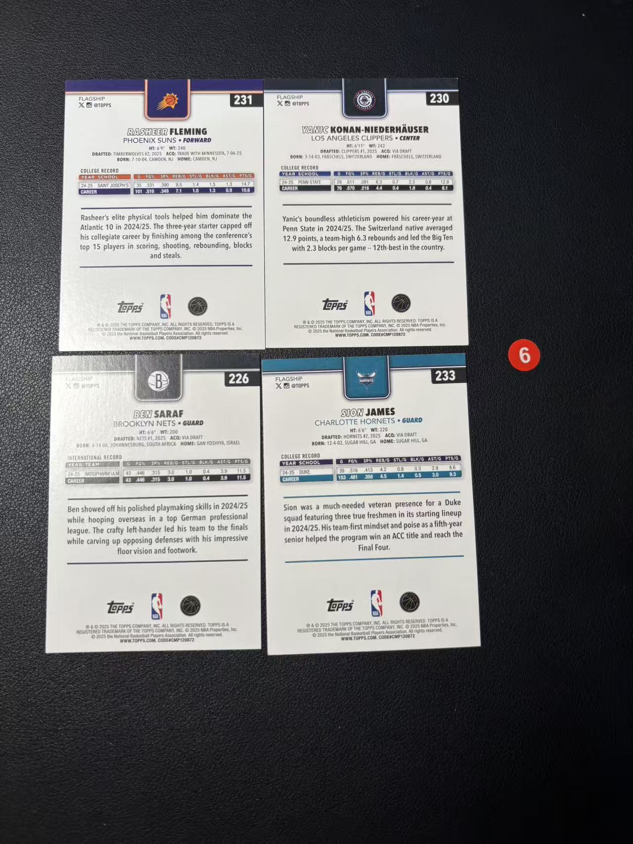 2025 Topps flagship 4张 新秀 打包 RC 弗莱明 萨拉夫 希恩詹姆斯 尼德豪泽 微瑕 卡品如图 专收必备 N2