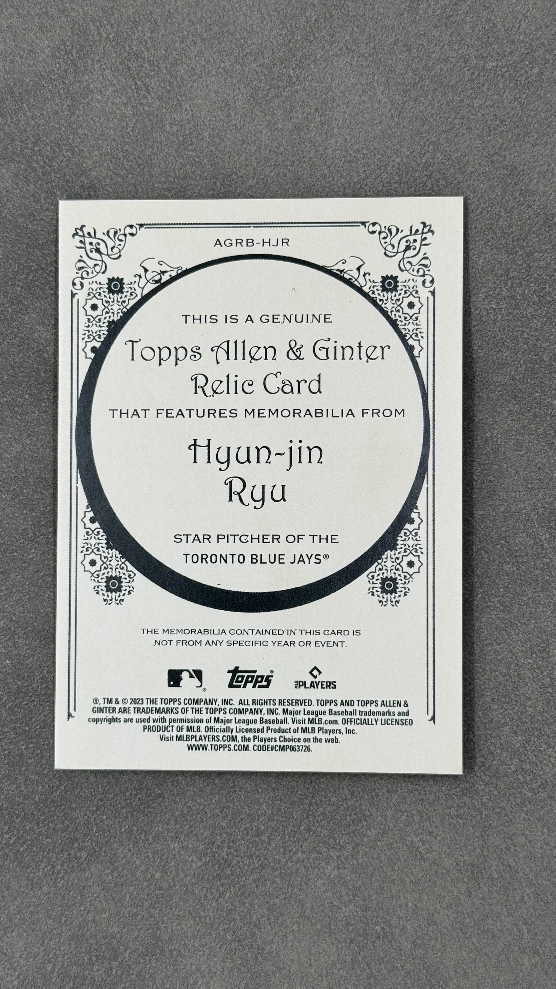 2023 Topps Allen & Ginter Hyun-Jin Ryu 道奇队转会蓝鸟队 柳贤振 优质投手 Game used 亲穿球衣 稀少 值得凑套收藏 #AGRB-HJR
