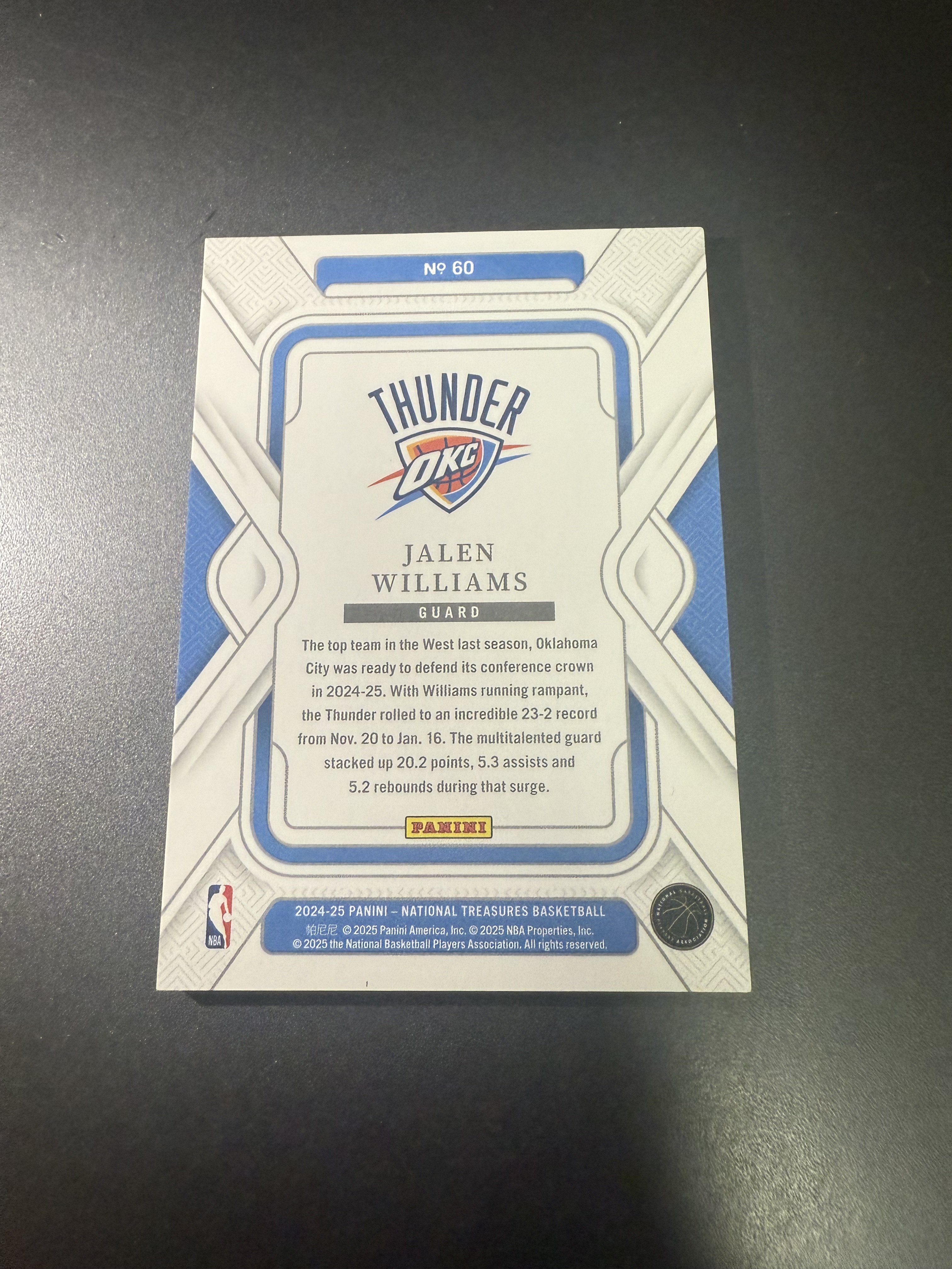 2024-25 Panini National Treasures Jalen Williams 杰伦威廉姆斯 国宝 蓝 雷霆队 25编 T