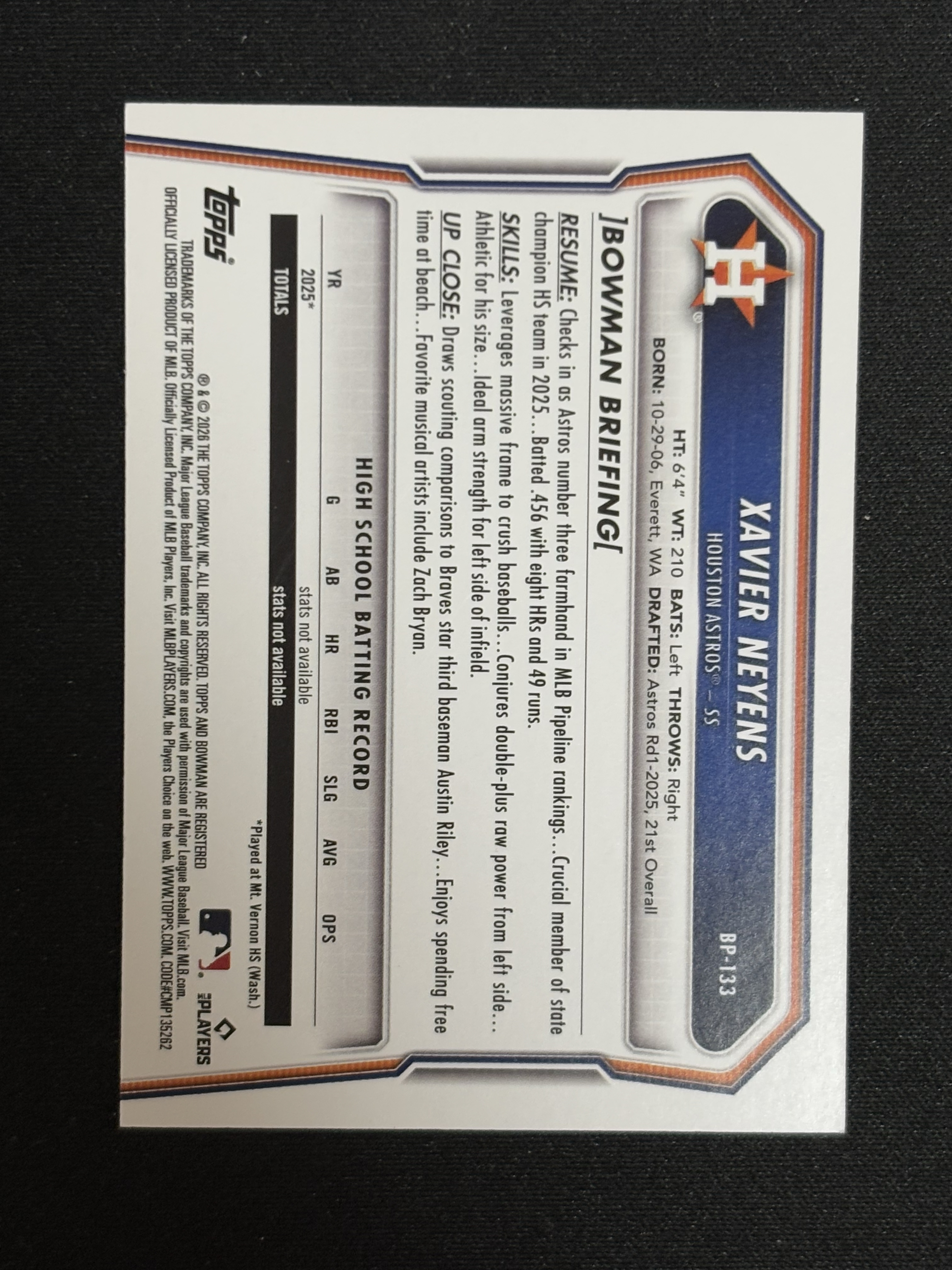 2026 Topps Bowman Xavier Neyens 棒球 MLB休斯顿太空人 泽维尔 内恩斯 橙折 17/25编 卡品如图 - 红豆