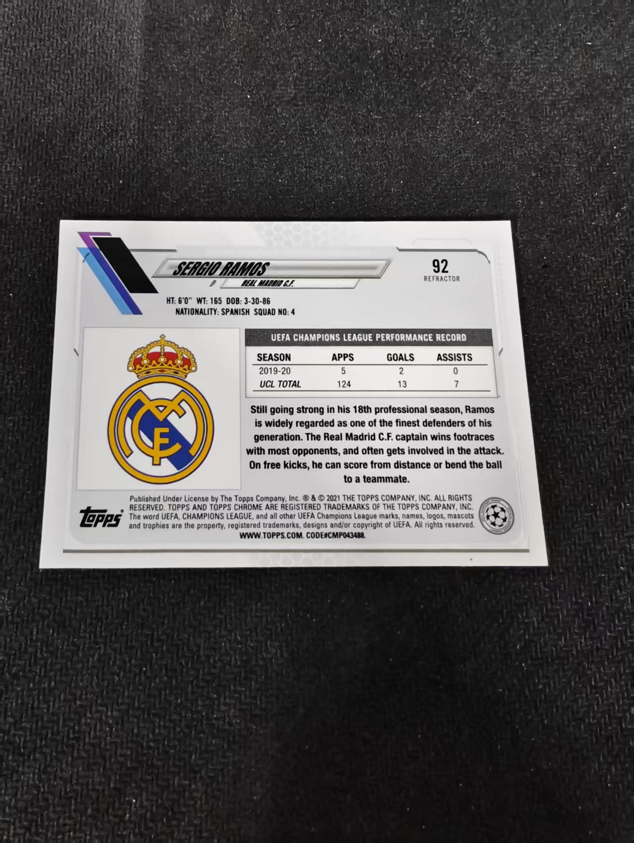 【可合并,不累计】 2021 Topps Chrome Sergio Ramos 塞尔吉奥 拉莫斯 水爷 皇家马德里 欧冠 银折 划痕 边角瑕疵 #92