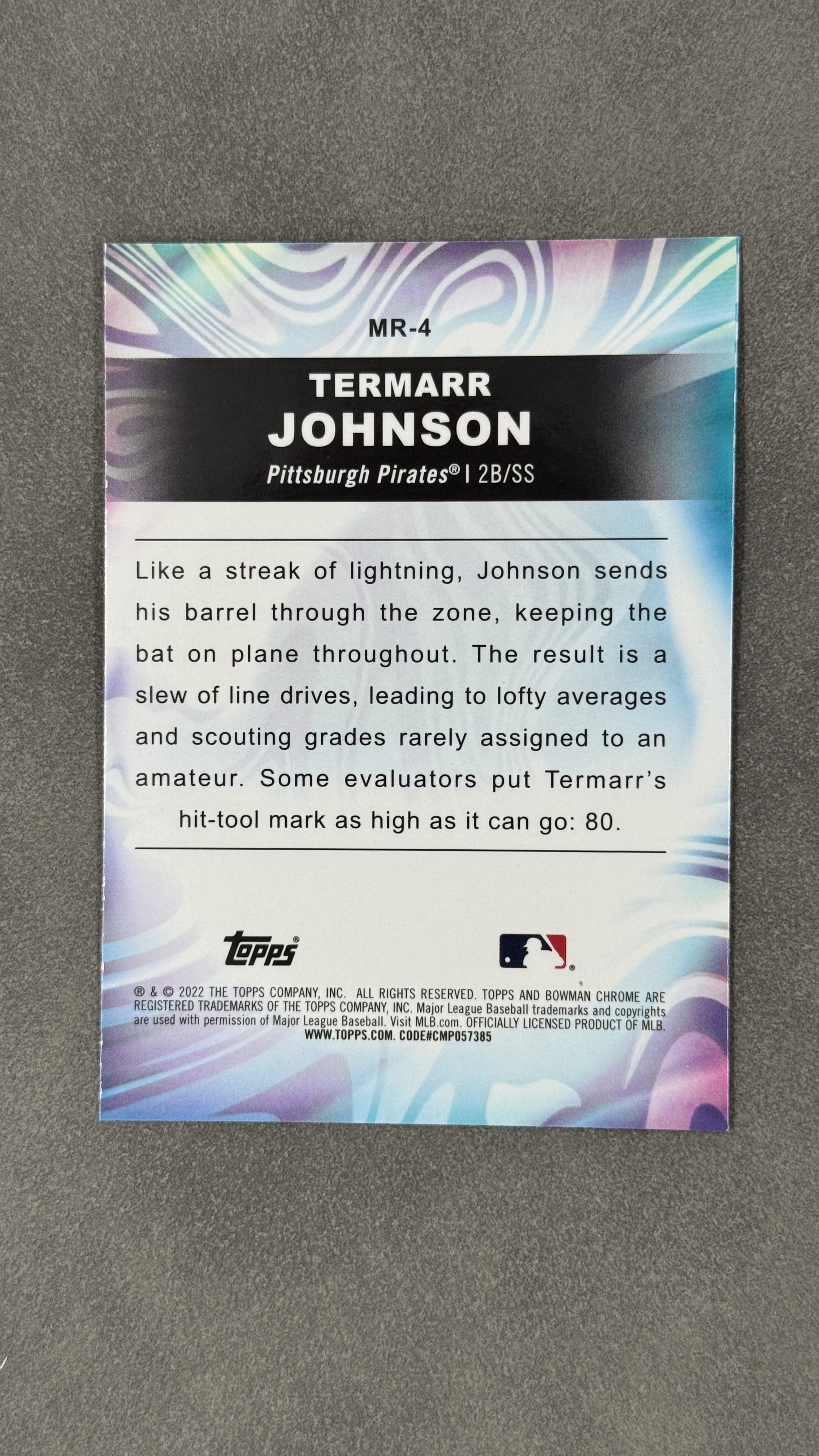 2022 Bowman Chrome Termarr Johnson 海盗队 特马尔・约翰逊 状元新秀 强打 折射 箱货 小比例特卡 实卡帅气好看 未来可期 值得收藏 卡品如图