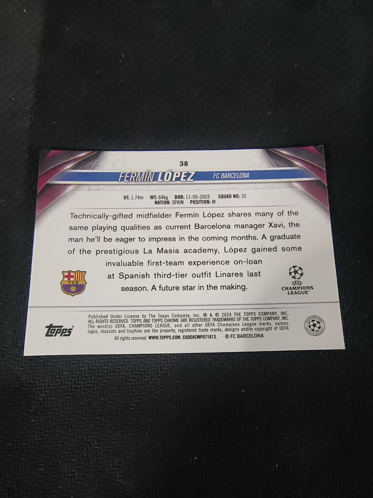 【可合并,不累计】2024 Topps Chrome Fermin Lopez RC 费尔明 洛佩兹 新秀 西班牙 巴萨 欧冠 划痕 边角瑕疵 #38