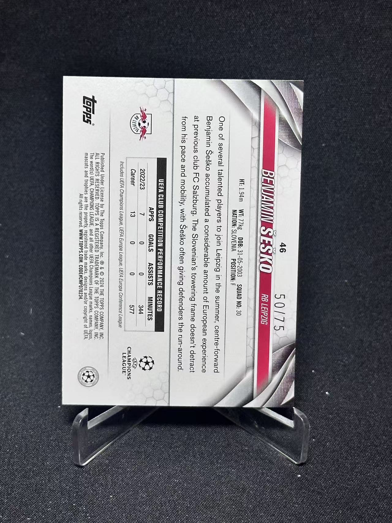 2024 Topps Chrome Benjamin Šeško 【哆哆卡社】本亚明·舍什科 75编 蓝折 欧冠 卡品如图