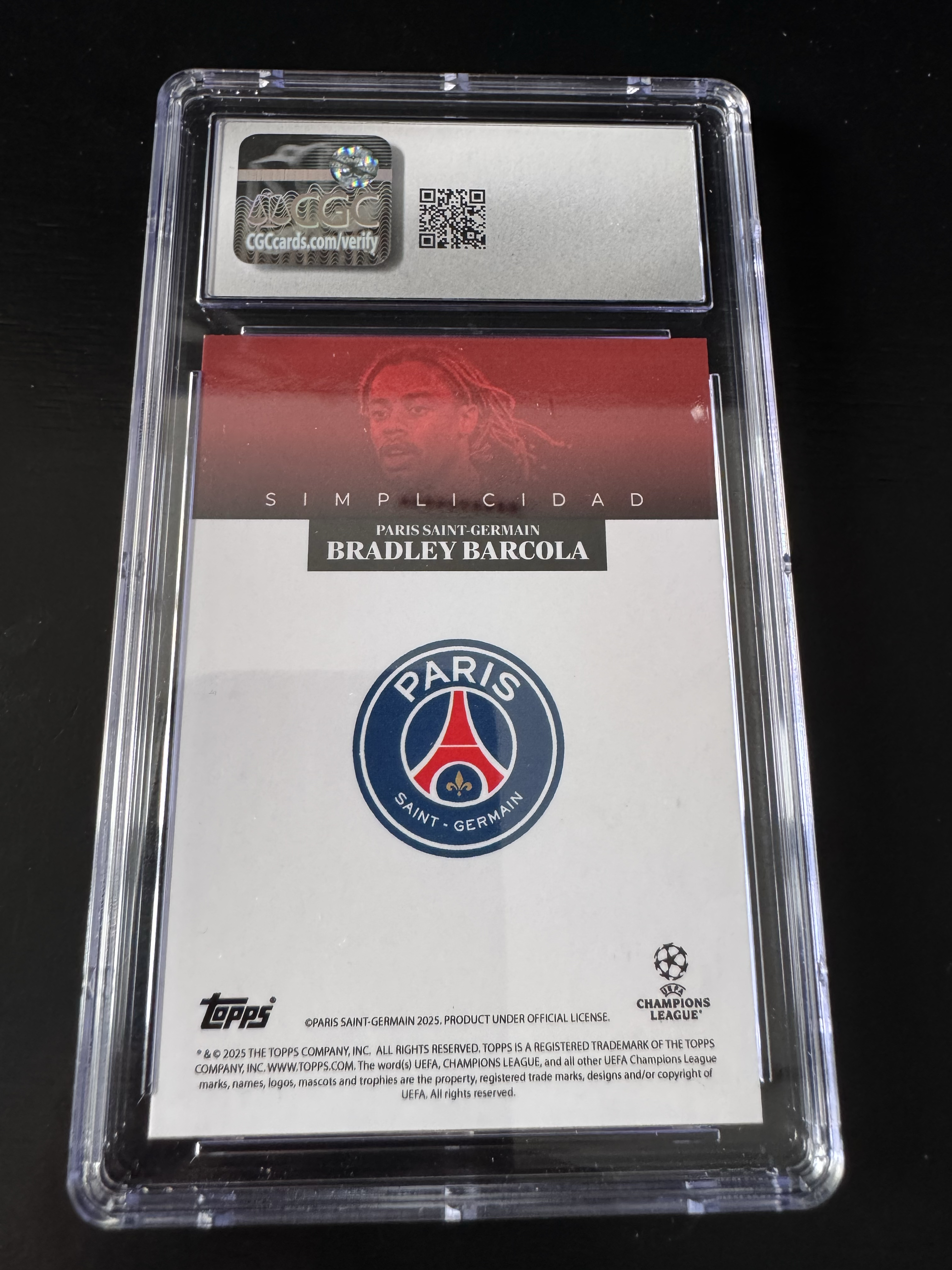 曌2025 Topps simplicidad Bradley Barcola 欧冠 极简 法国 巴黎 大妖 9/10编 红折 布拉德利 巴尔科拉 巴尔克拉 三头特卡 CGC9分 MJ002O