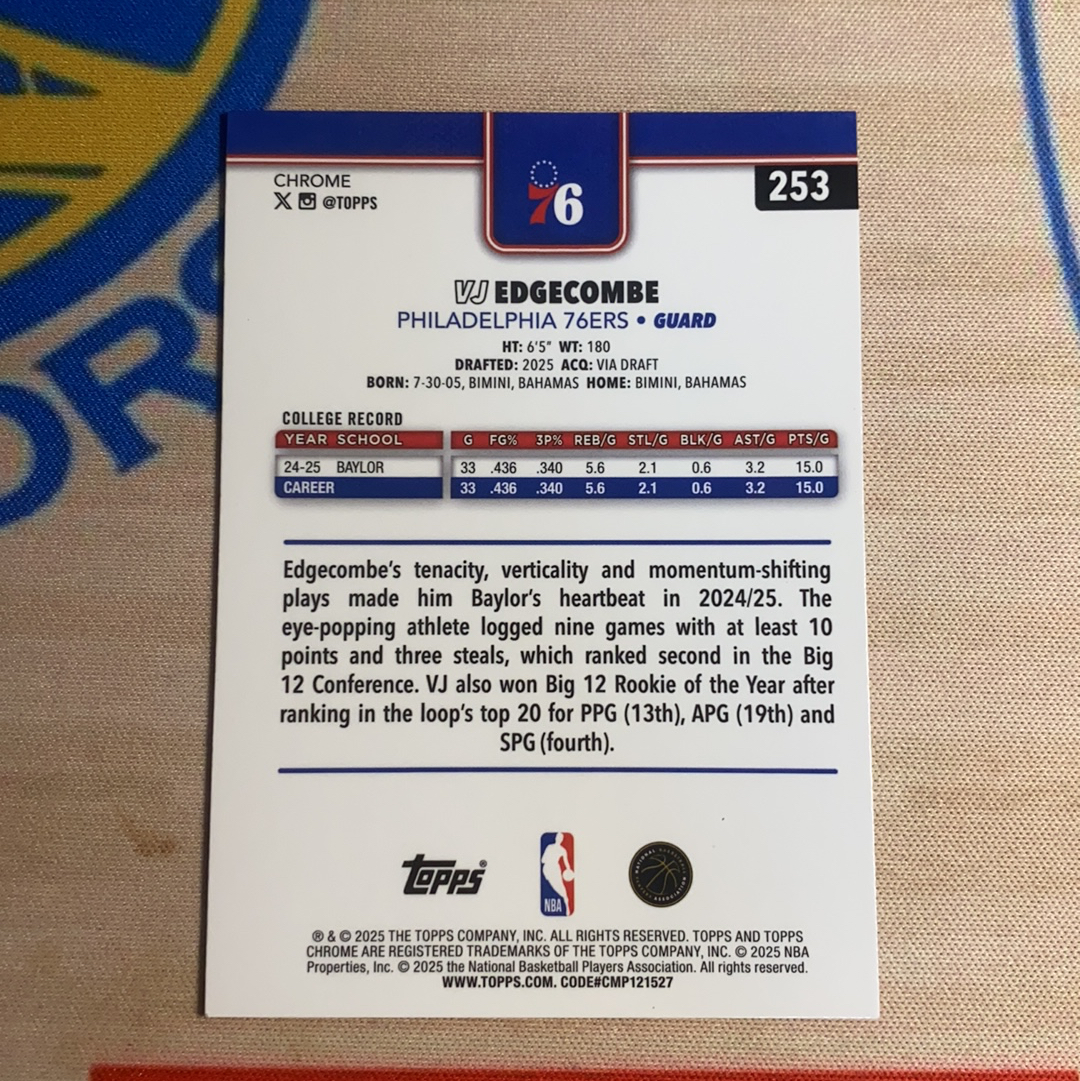 2025-26 Topps Chrome VJ Edgecombe 费城76人 VJ 埃奇库姆 正RC 新秀 银折 #4 卡品如图 凑套必备
