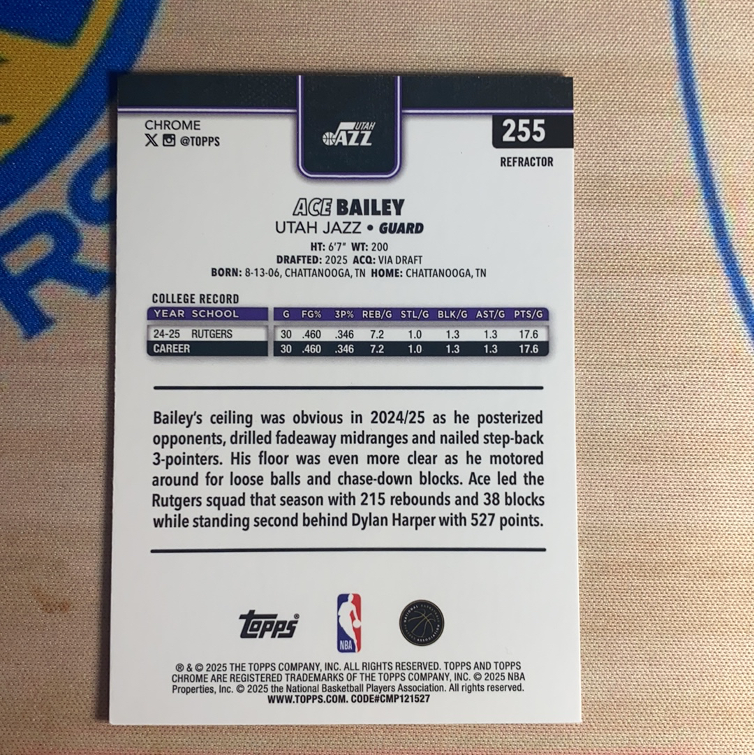 2025-26 Topps Chrome "Ace" Bailey RC tc系列 NBA 爵士 新秀 艾斯贝利 埃斯贝利 正银折 #1 卡品如图 凑套必备
