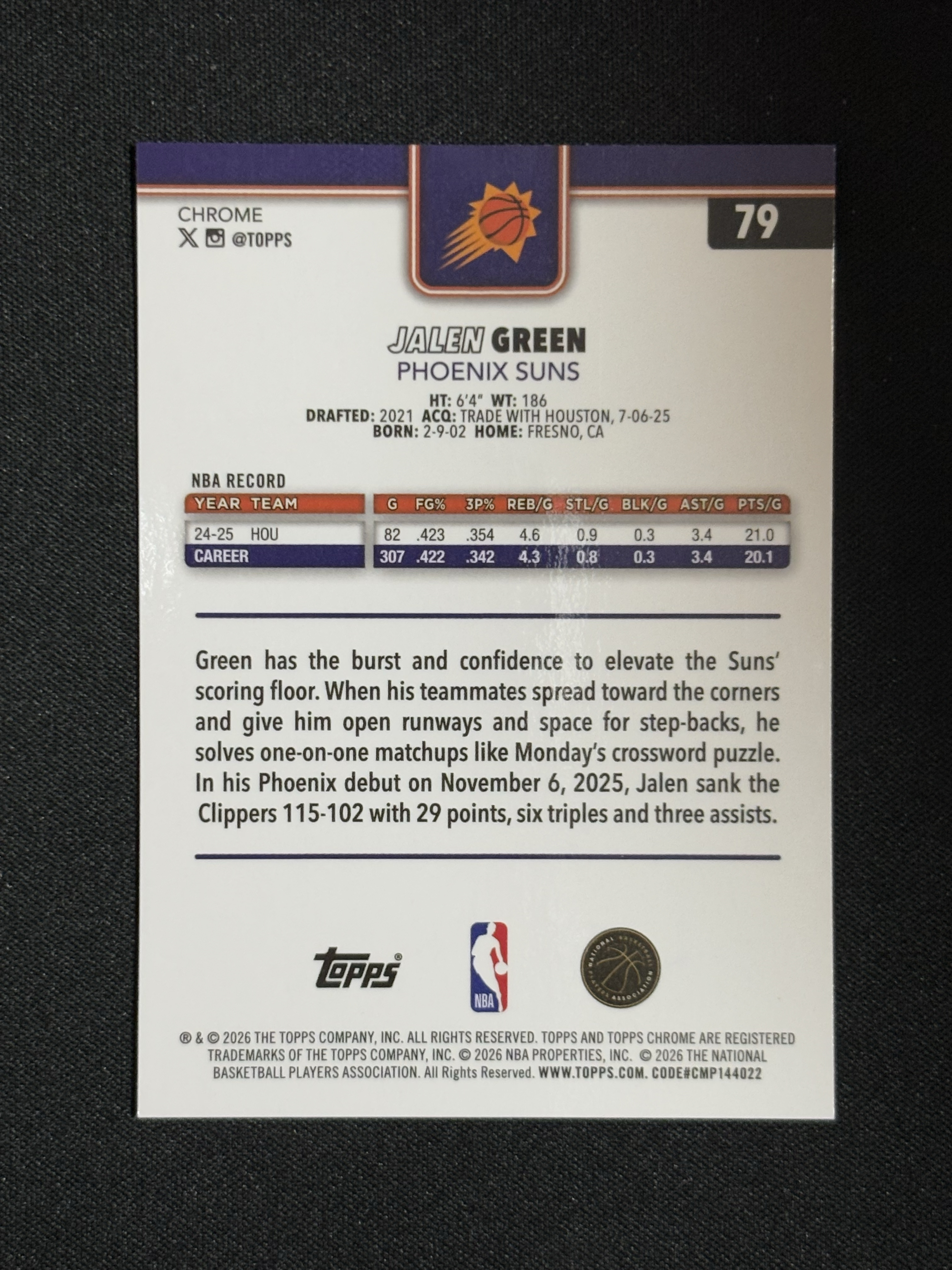 2025-26 Topps Chrome Updates Jalen Green 杰伦 格林 太阳 粉折 /399编 瑕疵如图 - boke