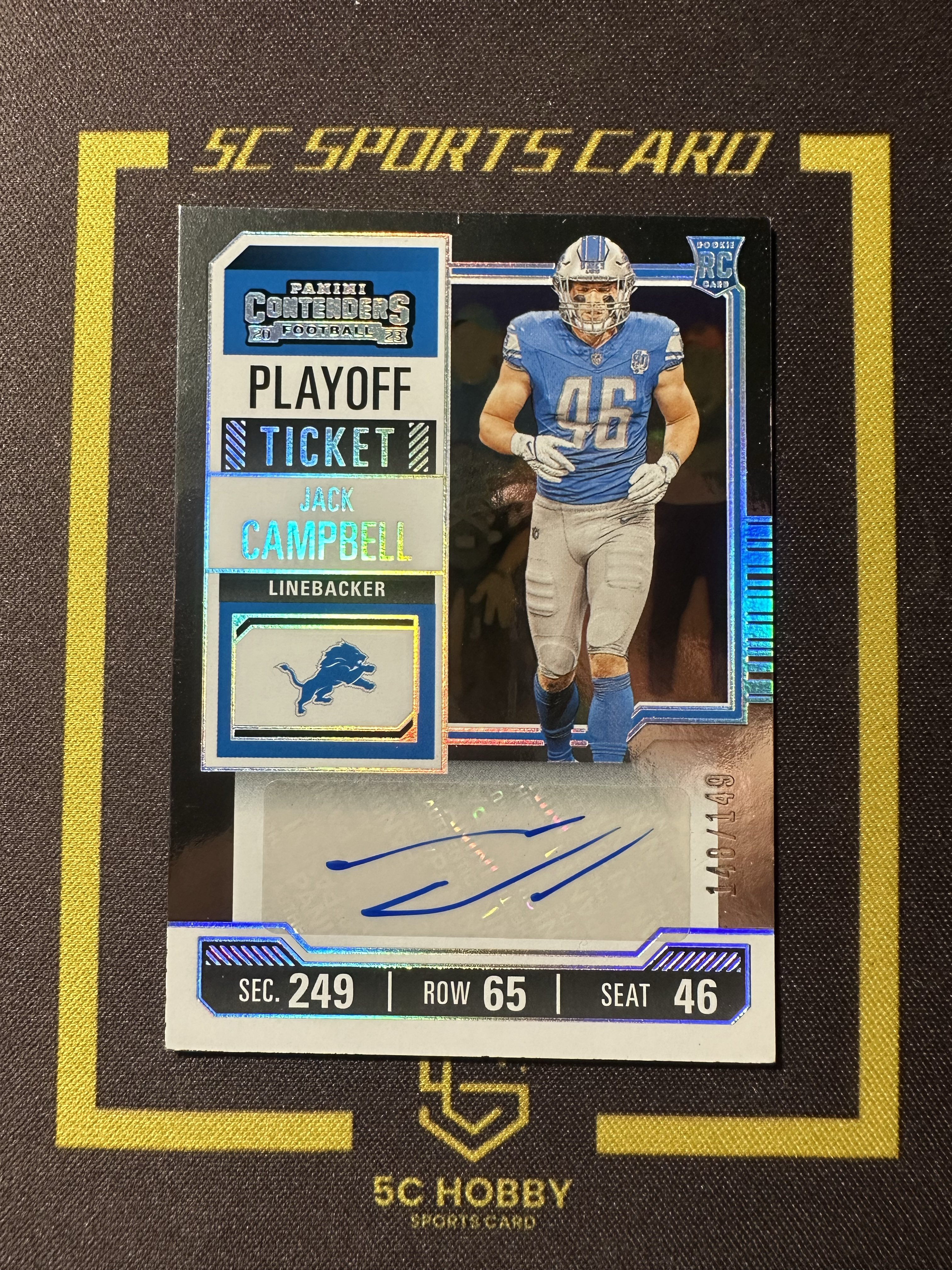 【主演出卡】2023 panini 橄榄球 contenders 球票系列 雄狮队 Jack Campbell 新秀 银折 140/149 球票 签字 卡品如图