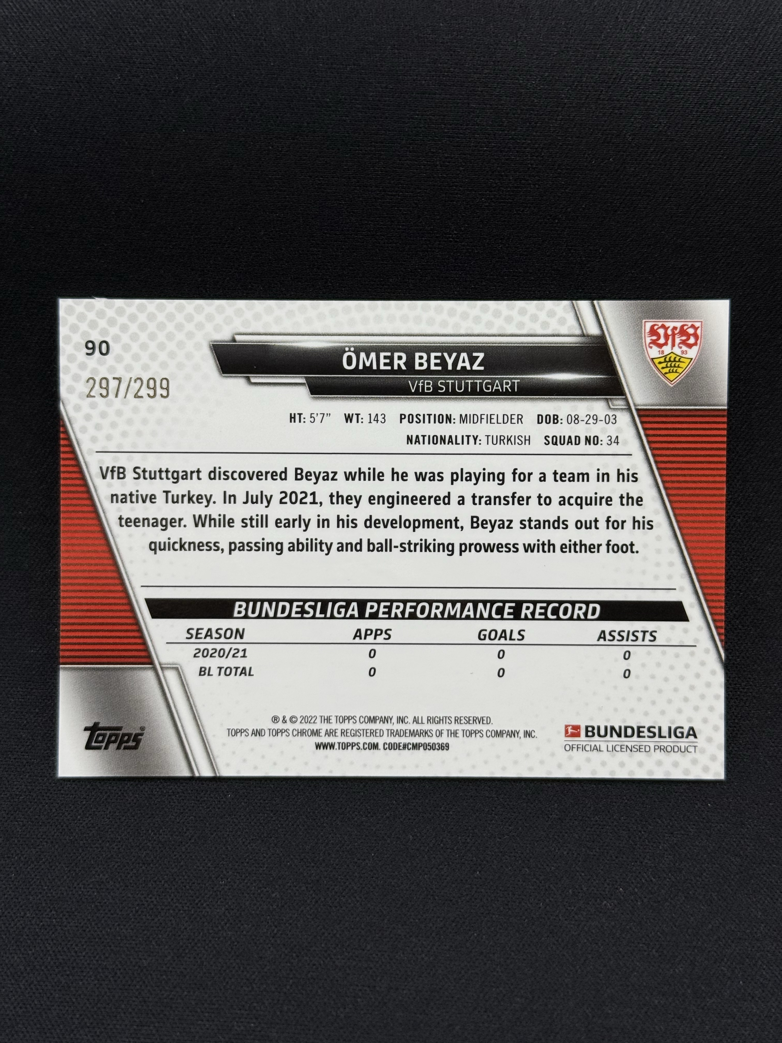 2021-22 Topps Chrome Omer Beyaz RC 【小贝代拍】德甲 Tc 斯图加特 奥马尔 贝亚兹 新秀 紫波纹折 299编 卡品如图 拍前看描述 H CT