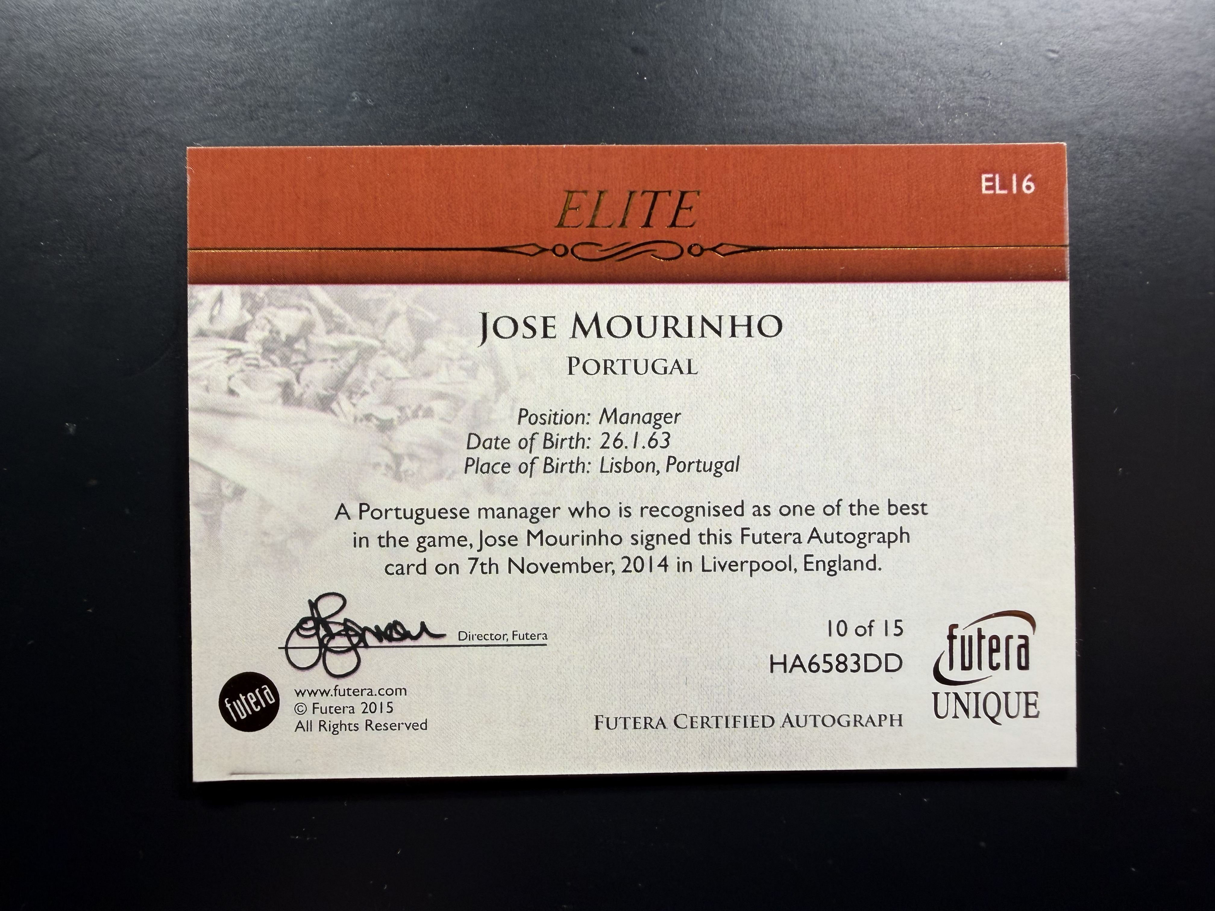 2015 Futera 福特拉 Jose Mourinho 穆里尼奥 /15编 卡签 签字 西装选图 皇马 皇家马德里 曼联葡萄牙国米切尔西 卡品如图 Portugal C罗教练 弗格森对手 江枫拍卖