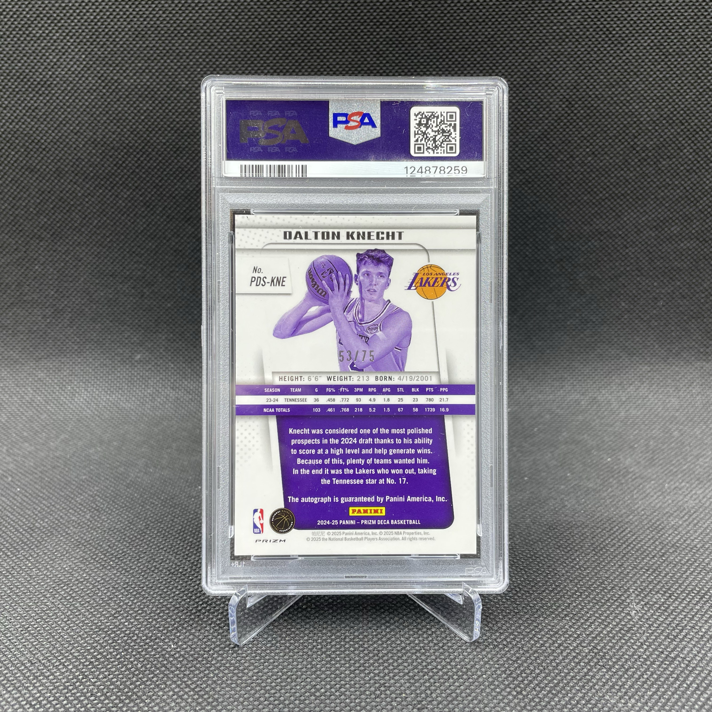 2024-25 Panini Prizm Deca Dalton Knecht RC 次年复刻 湖人 新秀 多尔顿 克内克特 53/75编 签字 紫折 詹姆斯队友 PSA9 签字10分 不累计 大鱼
