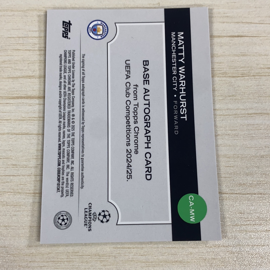 【小牛代拍】2025 topps Chrome Matty Warhurst 欧冠 曼城 马蒂 沃赫斯特 沃尔赫斯特 RC 新秀 紫折 折射 签字 75编 专收必备(威哥)