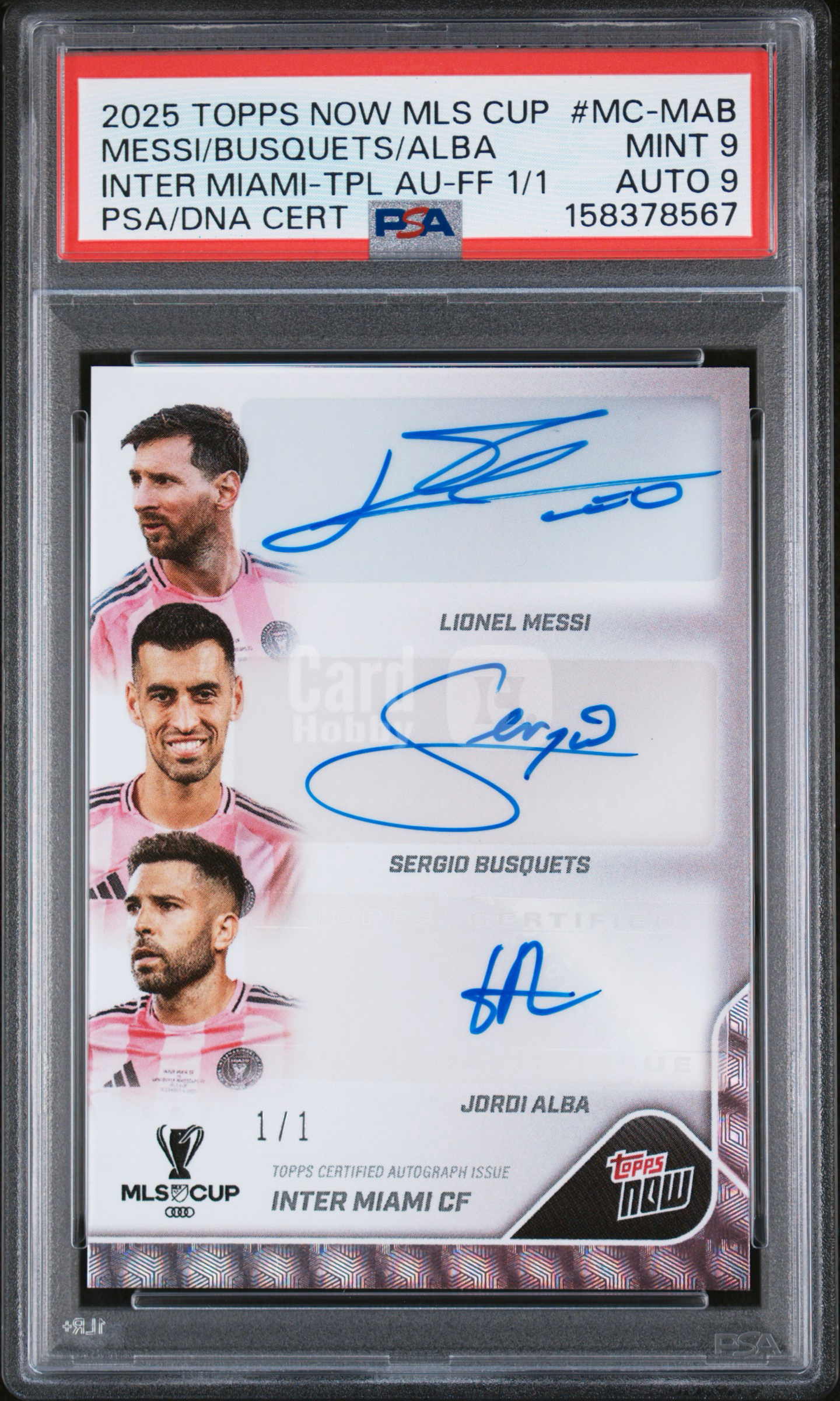2025 Topps Topps Now Lionel Messi PSA9分 梅西 1/1编 一编 孤品 三人签字 爆金 粉爆 粉色 迈阿密国际 布斯克茨 阿尔巴 MLS夺冠卡 退役 巴萨 传奇